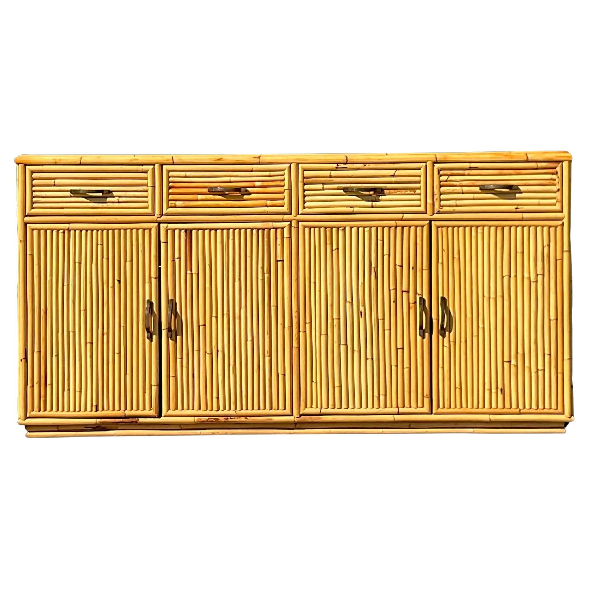 Late 20th Century Vintage Coastal Rattan Four Door Credenza For Sale