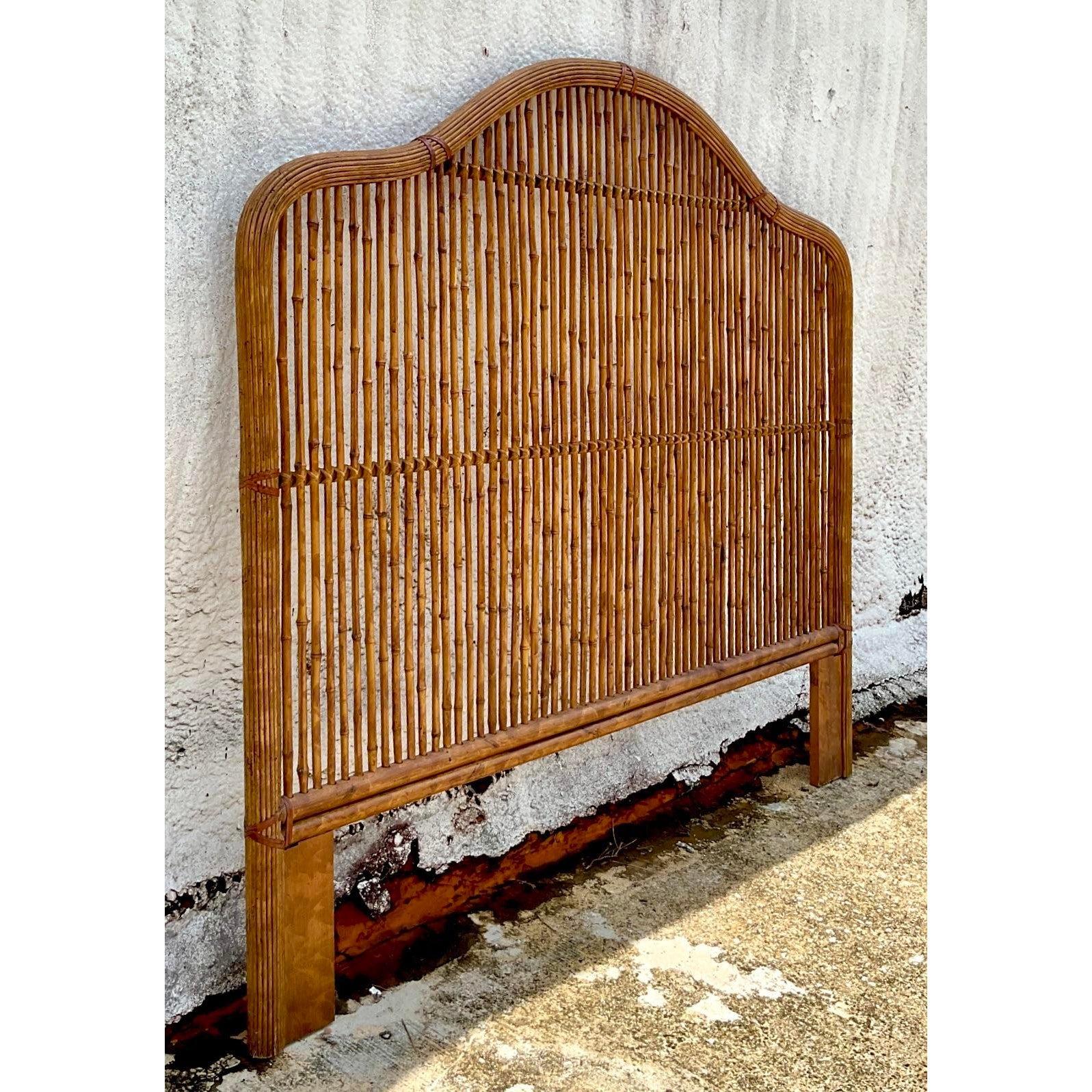 Late 20th Century Vintage Coastal Rattan High Back Queen Headboard In Good Condition In west palm beach, FL