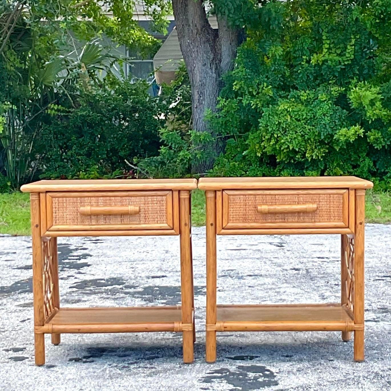 Philippine Late 20th Century Vintage Coastal Rattan Nightstands - a Pair For Sale