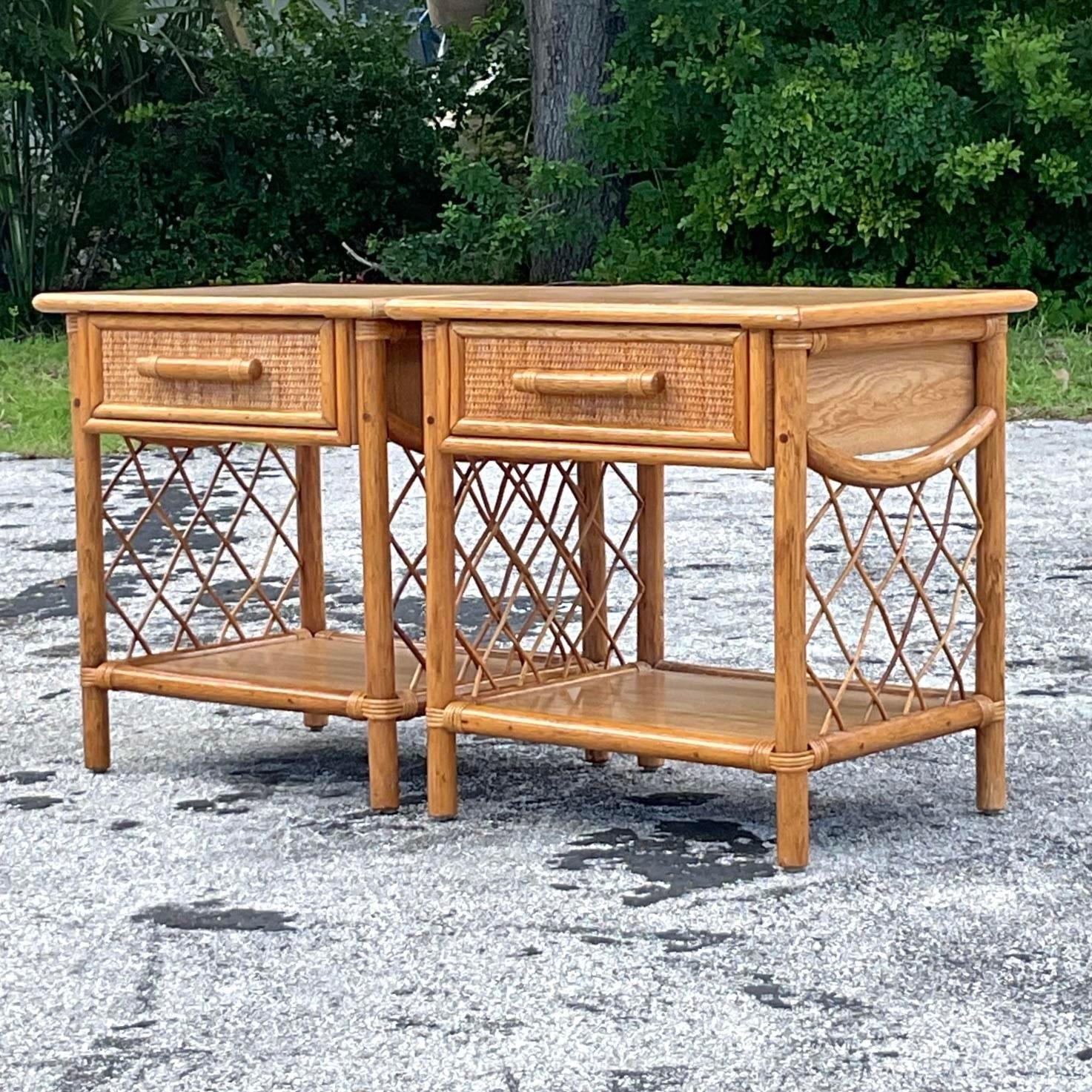 Late 20th Century Vintage Coastal Rattan Nightstands - a Pair In Good Condition For Sale In west palm beach, FL