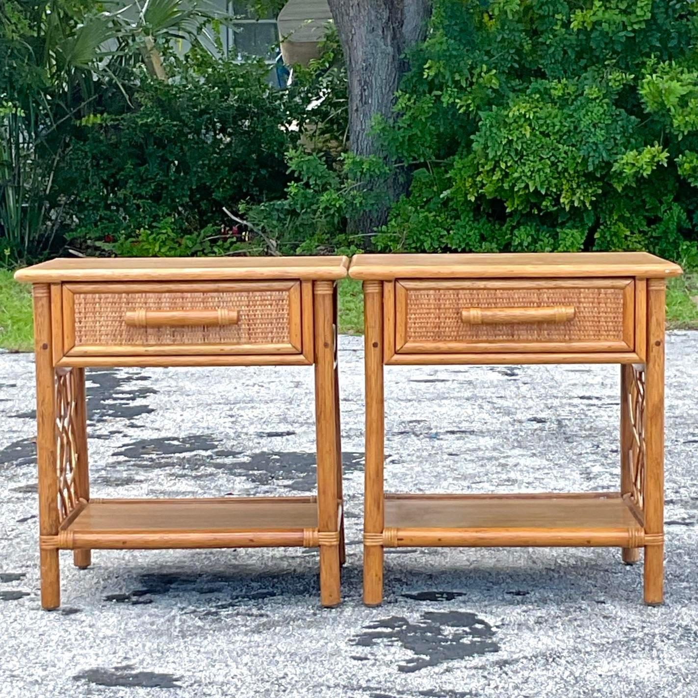 Late 20th Century Vintage Coastal Rattan Nightstands - a Pair For Sale 1