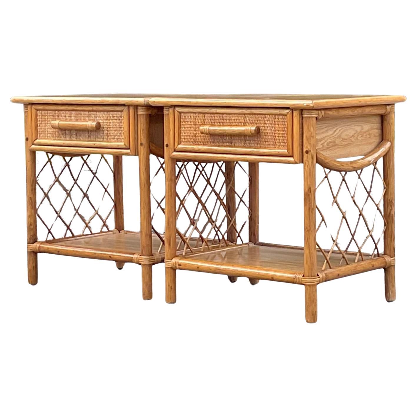 Late 20th Century Vintage Coastal Rattan Nightstands - a Pair For Sale