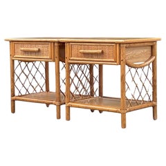 Late 20th Century Vintage Coastal Rattan Nightstands - a Pair