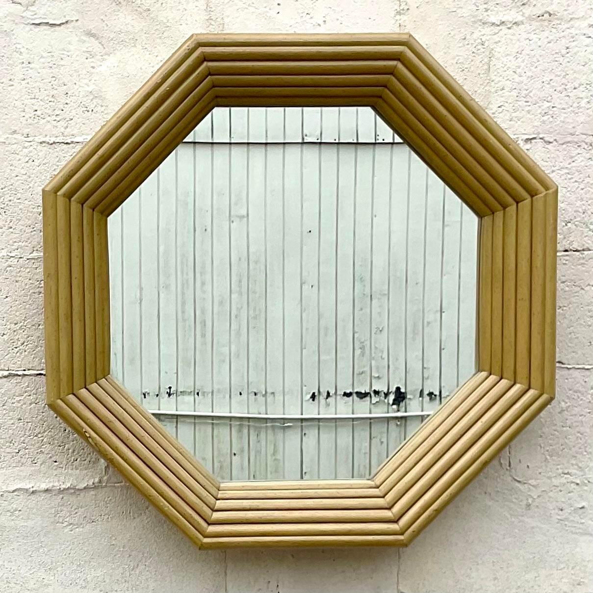 Late 20th Century Vintage Coastal Rattan Octagon Mirror In Good Condition For Sale In west palm beach, FL