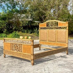 Late 20th Century Vintage Coastal Rattan Queen Bed Frame