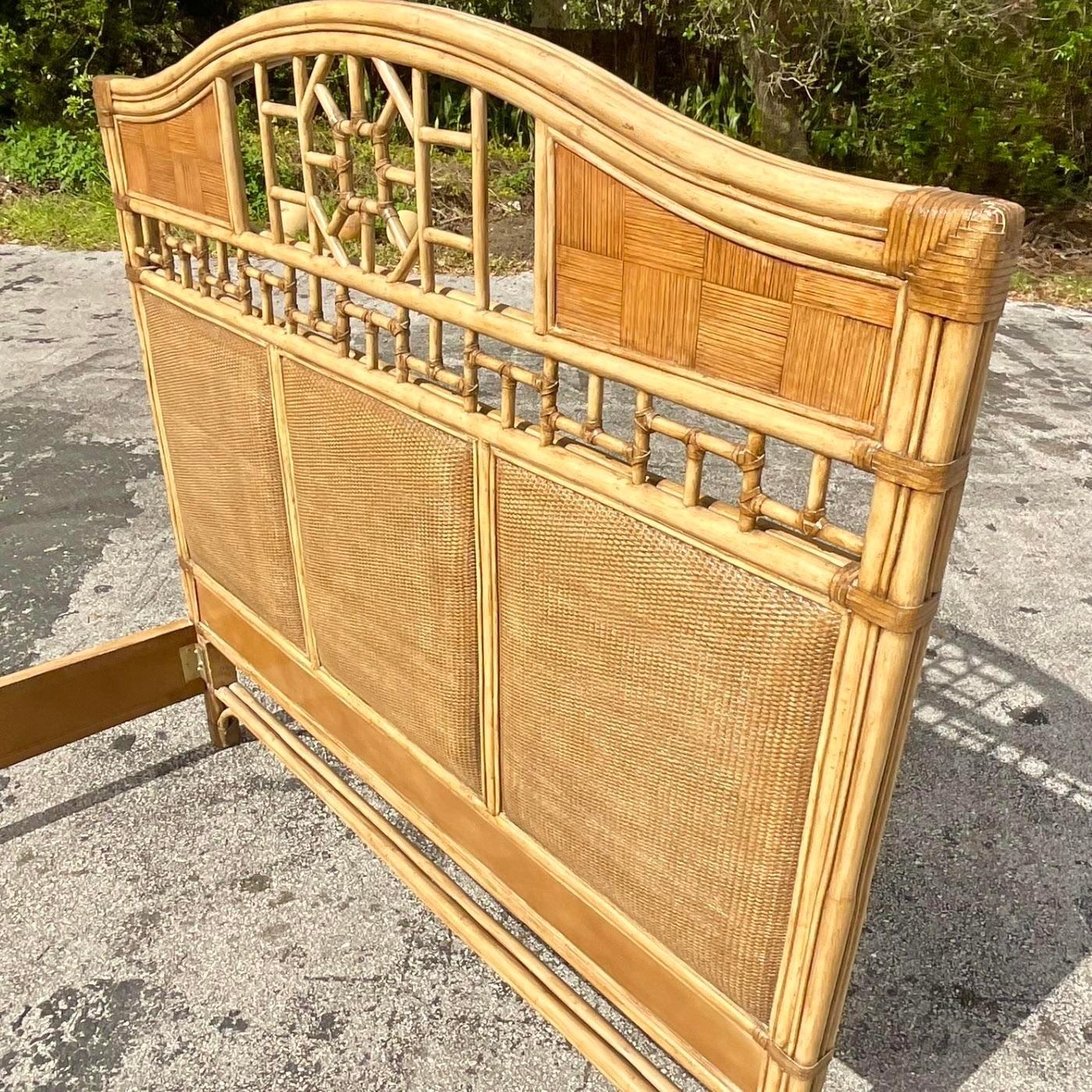 Late 20th Century Vintage Coastal Rattan Queen Bed Frame In Good Condition For Sale In west palm beach, FL