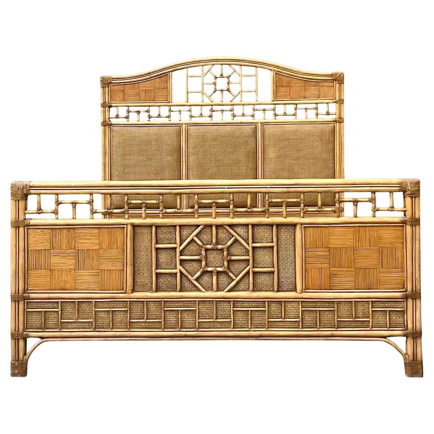 Late 20th Century Vintage Coastal Rattan Queen Bed Frame For Sale