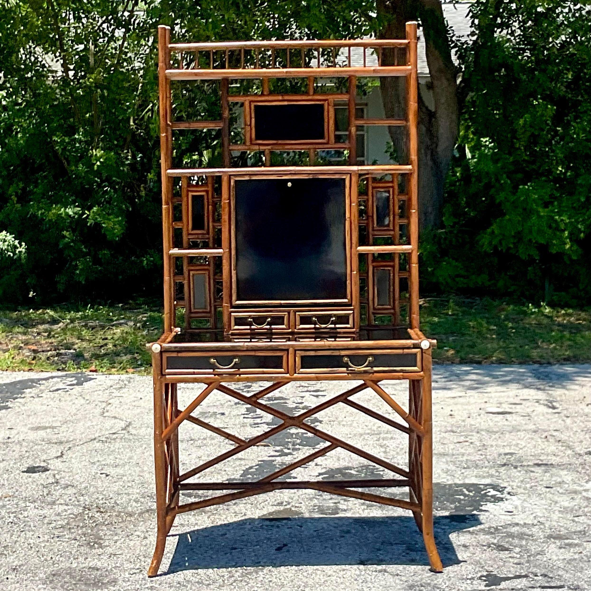 Late 20th Century Vintage Coastal Rattan Secretary Desk 1