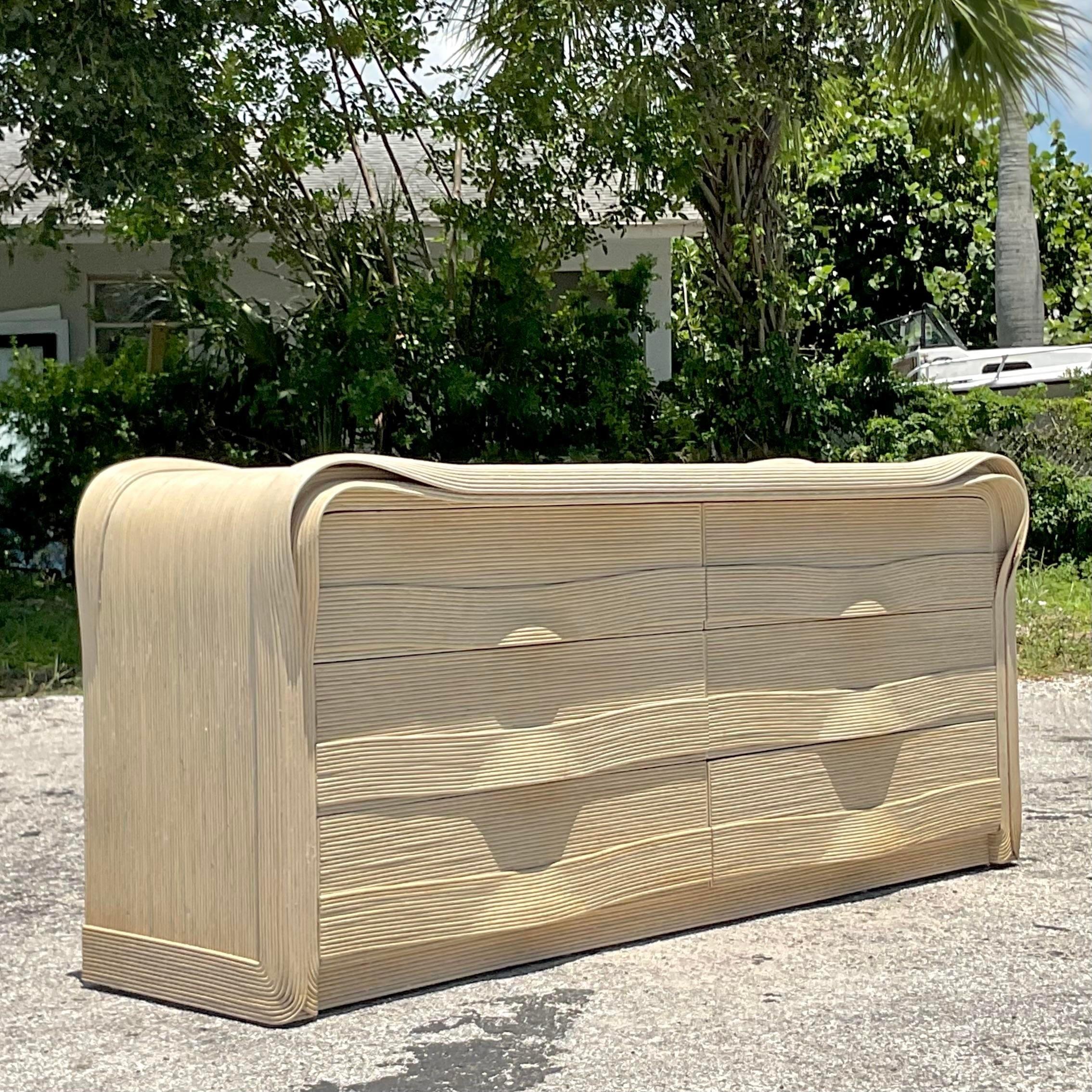 Late 20th Century Vintage Coastal Ribbon Pencil Reed Cerused Dresser In Good Condition In west palm beach, FL