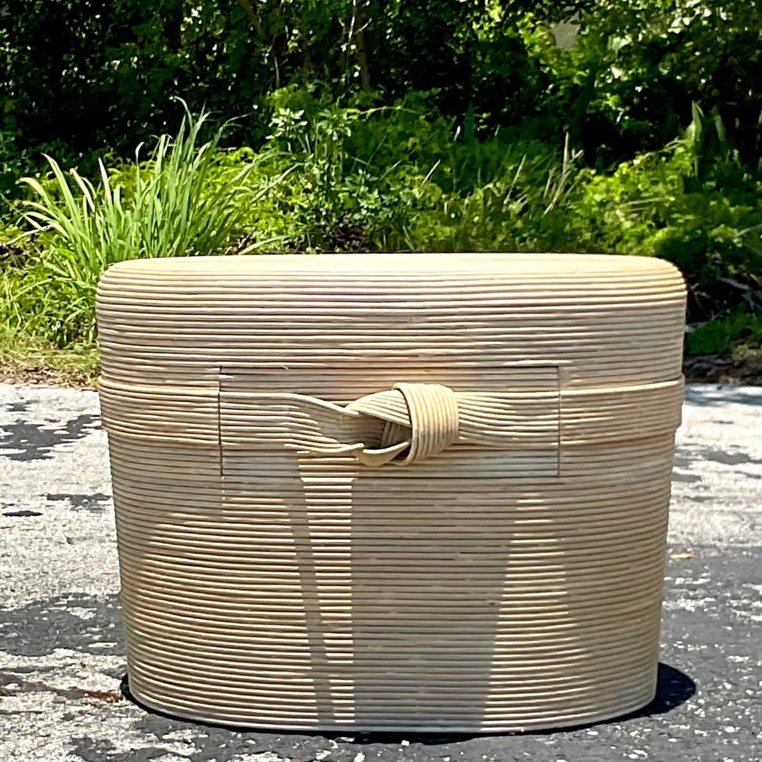 Late 20th Century Vintage Coastal Ribbon Pencil Reed Cerused Side Table For Sale 1
