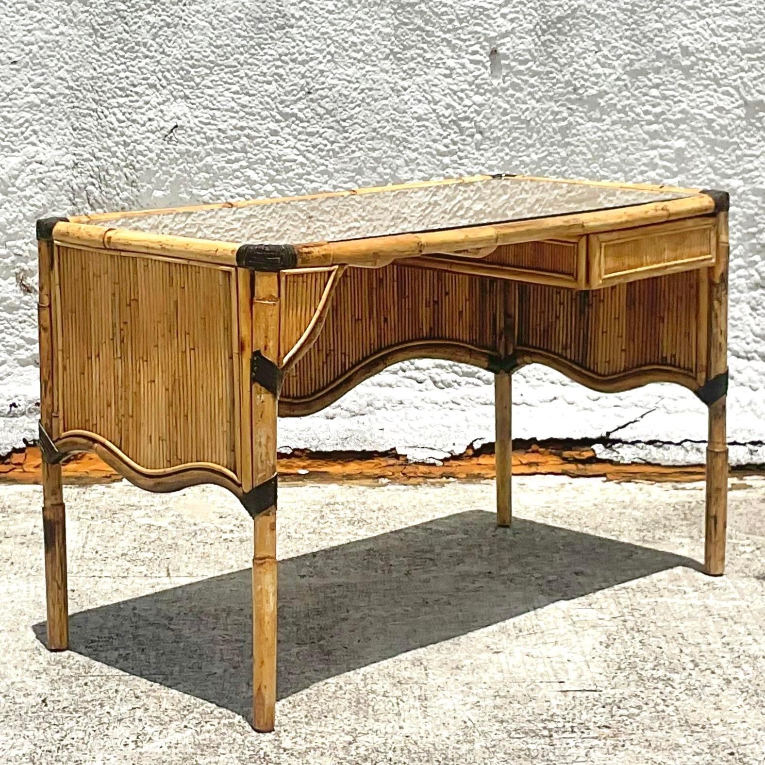 Late 20th Century Vintage Coastal Pencil Reed Skirted Writing Desk In Good Condition In west palm beach, FL