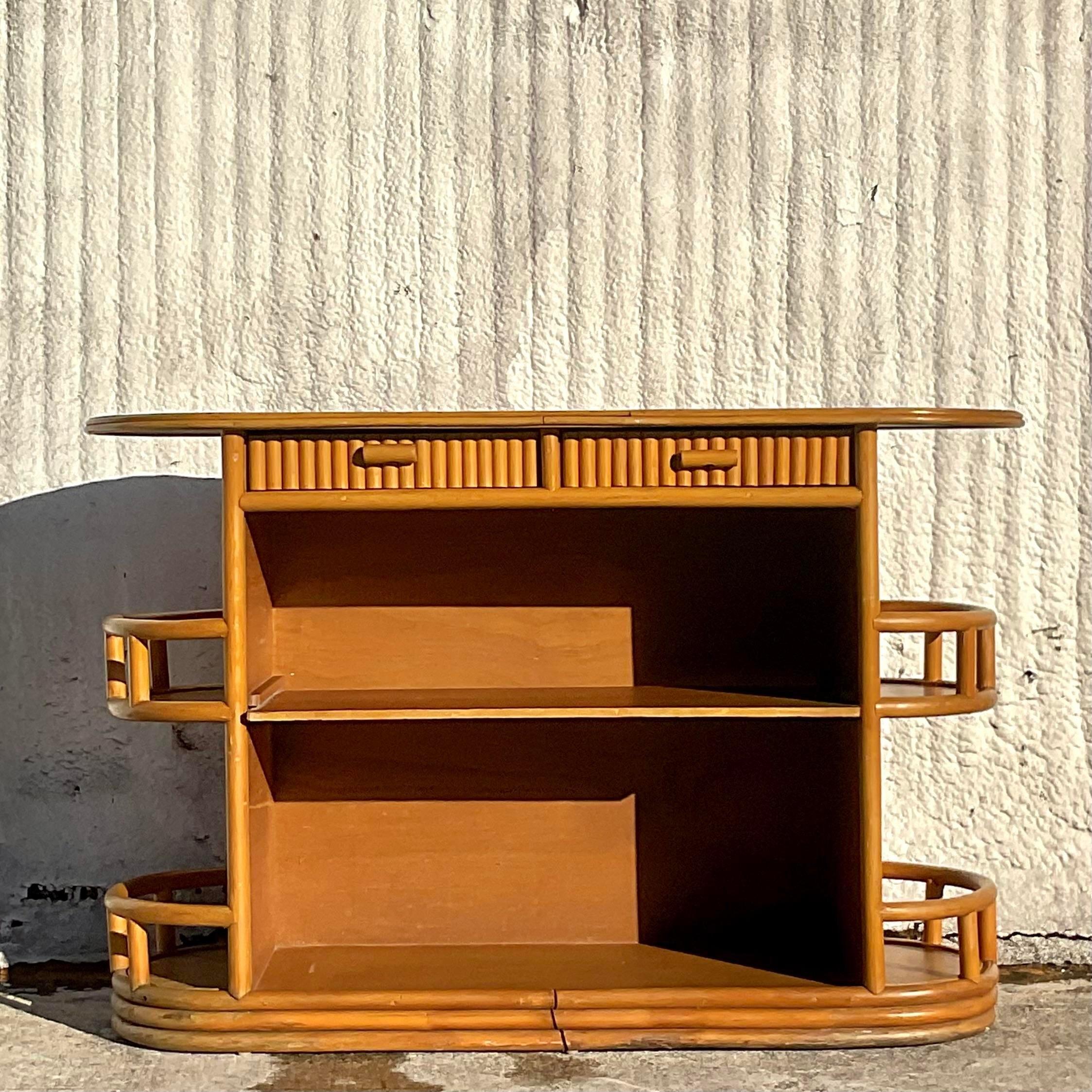 Late 20th Century Vintage Coastal Side Saddle Rattan Bar In Good Condition In West Palm Beach, FL