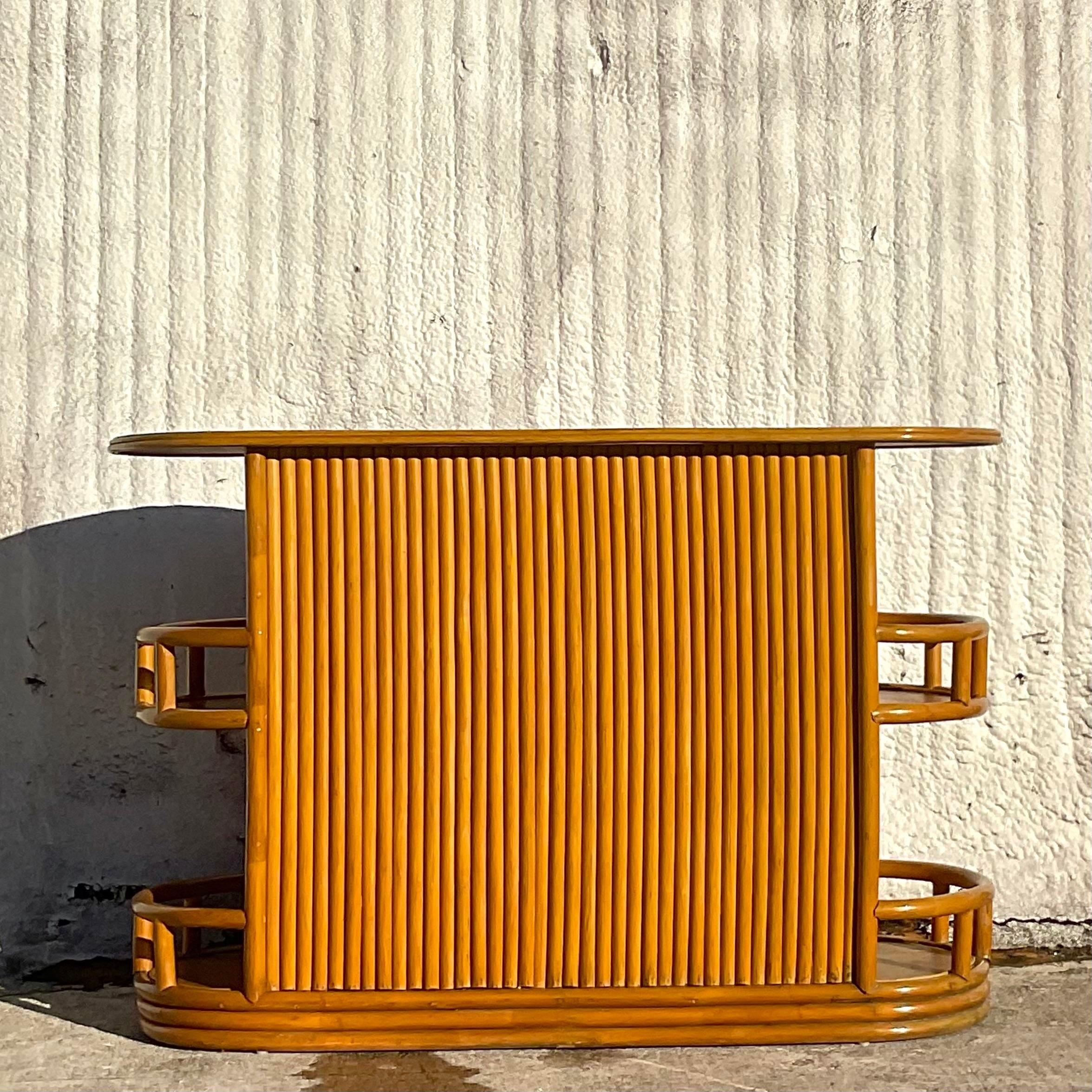 Late 20th Century Vintage Coastal Side Saddle Rattan Bar 1