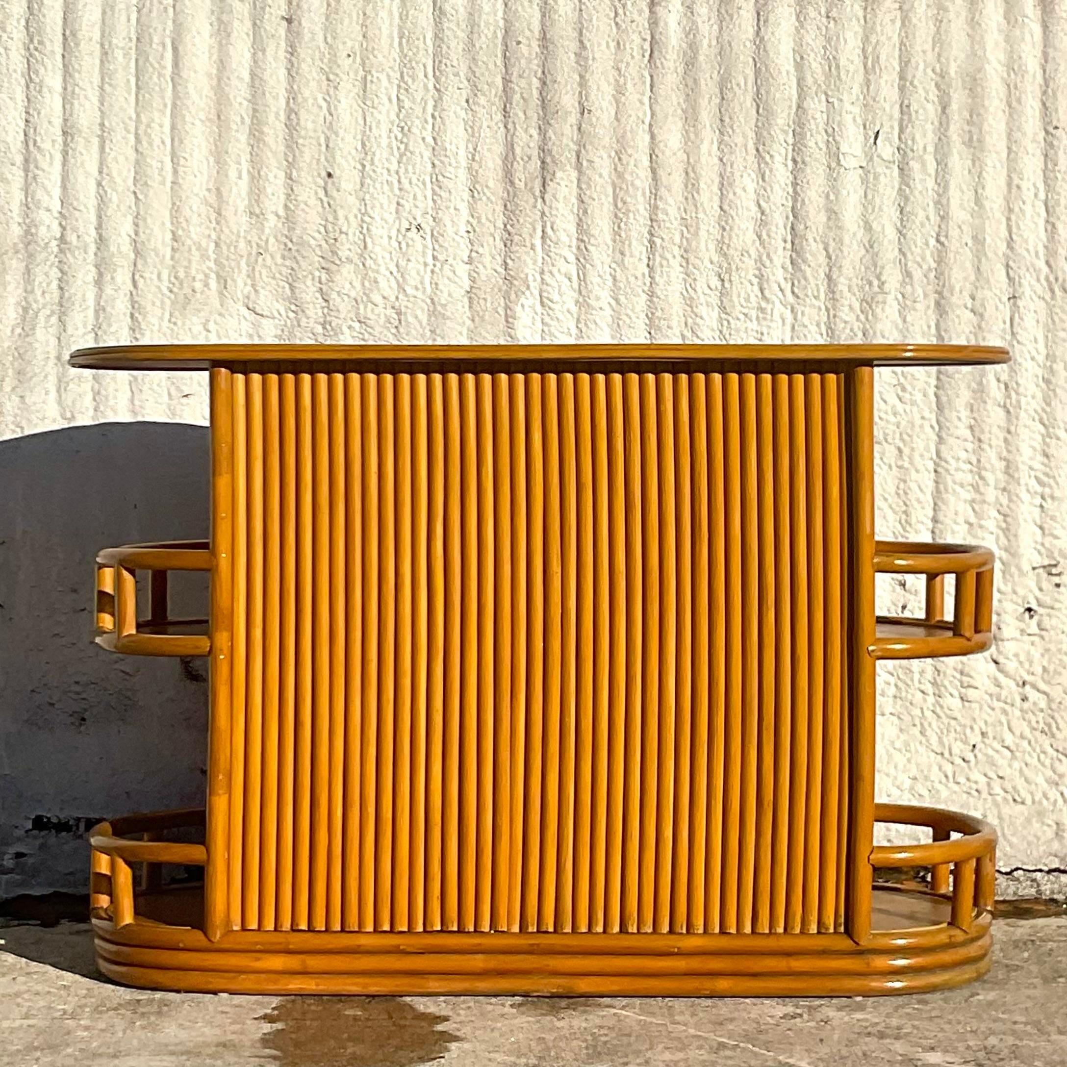 Late 20th Century Vintage Coastal Side Saddle Rattan Bar 4
