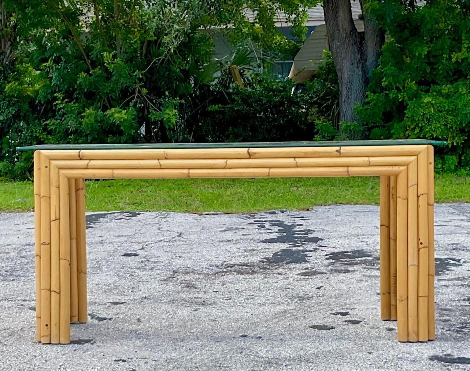 Late 20th Century Vintage Coastal Stacked Bamboo Console Table In Good Condition For Sale In west palm beach, FL