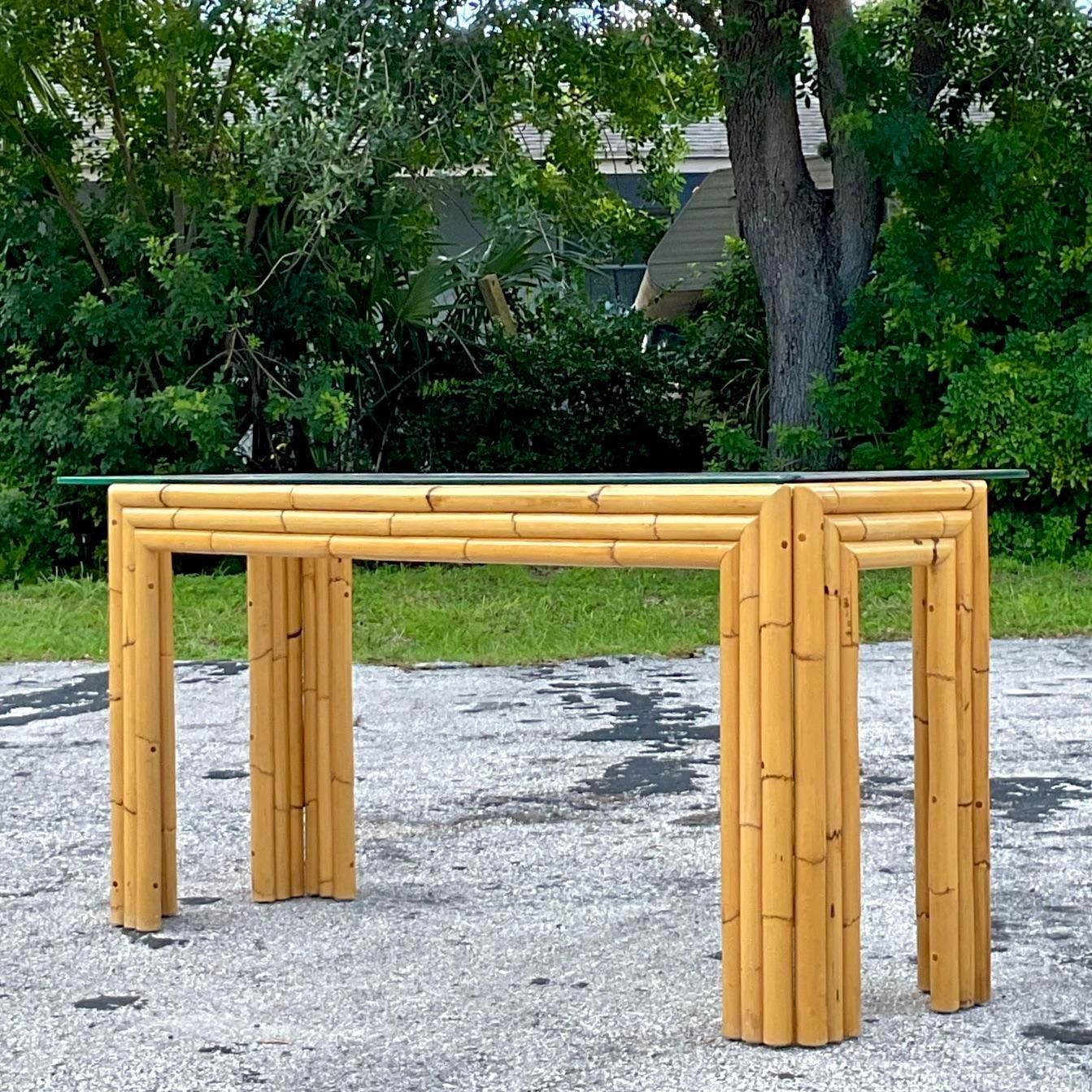 Late 20th Century Vintage Coastal Stacked Bamboo Console Table For Sale 1