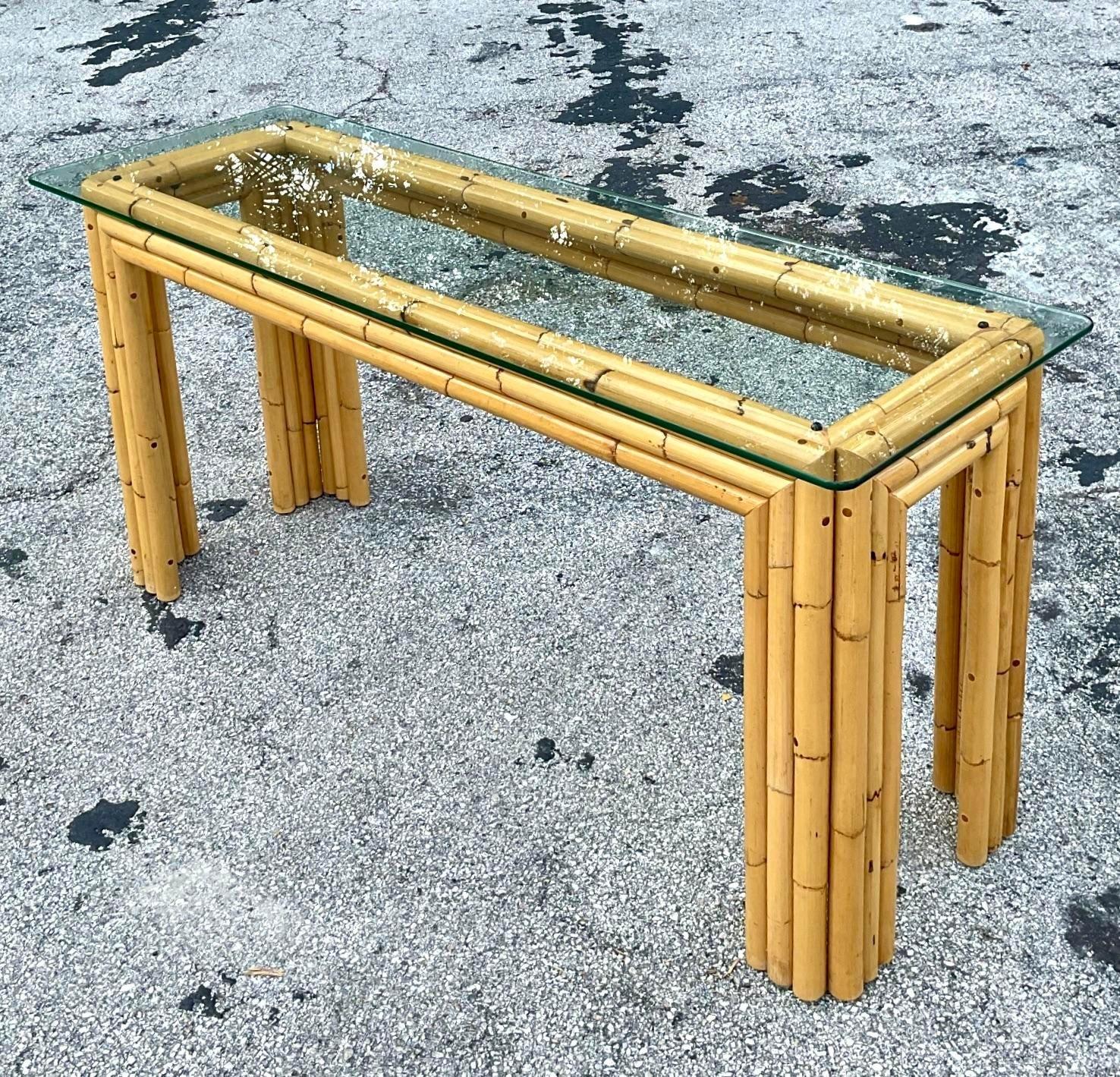 Late 20th Century Vintage Coastal Stacked Bamboo Console Table For Sale 3
