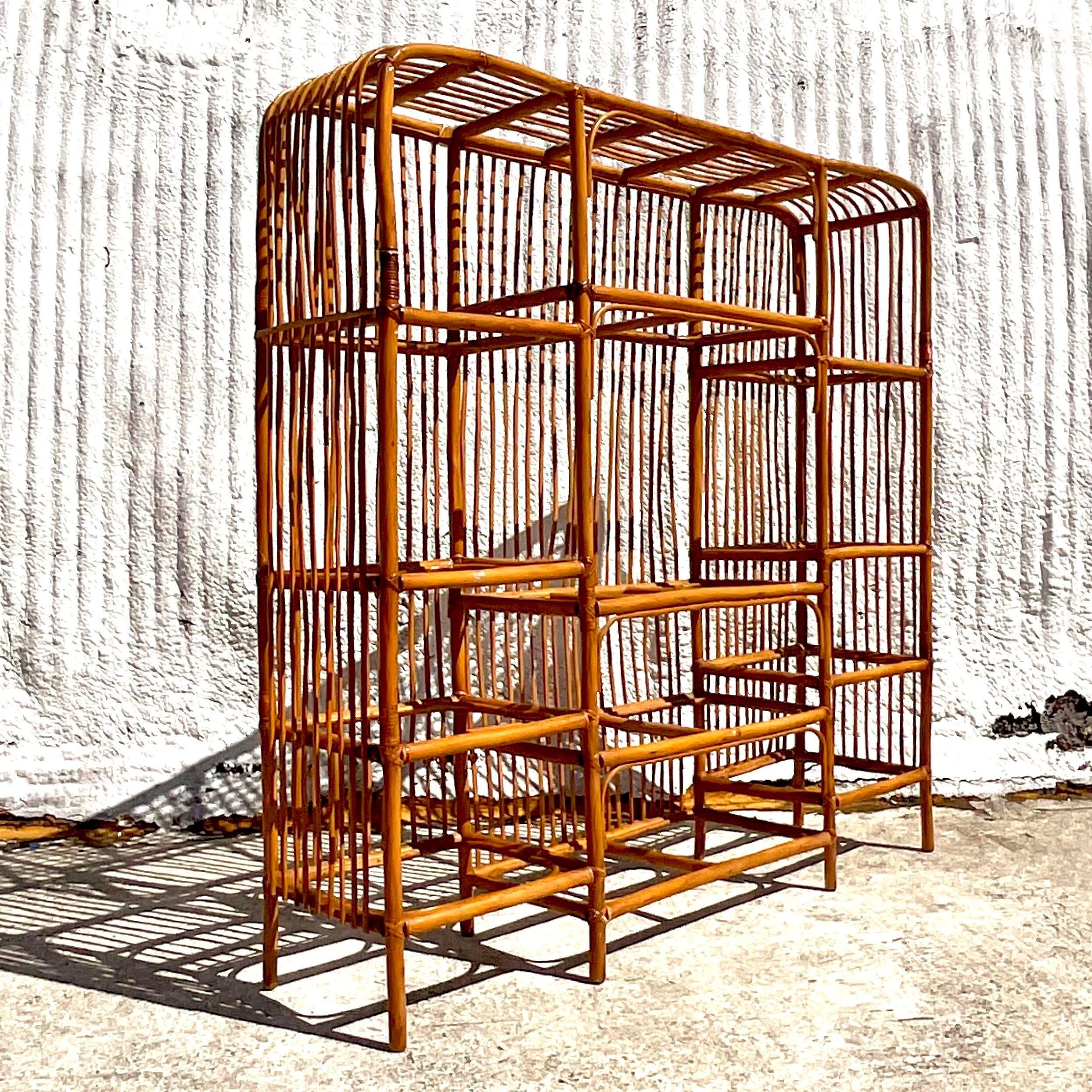 Late 20th Century Vintage Coastal Stick Rattan Waterfall Etagere In Good Condition In west palm beach, FL