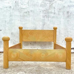 Late 20th Century Vintage Coastal Swirl Pencil Reed Queen Bed Frame