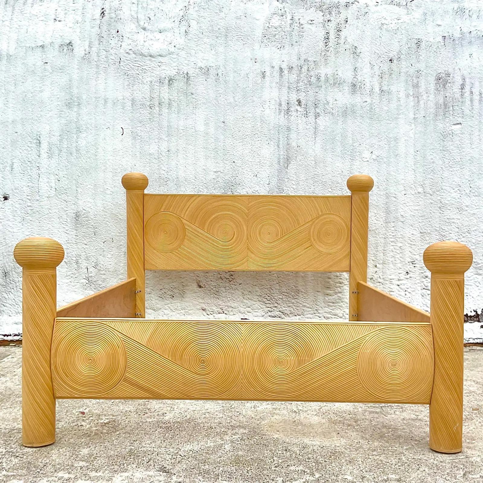 Philippine Late 20th Century Vintage Coastal Swirl Pencil Reed Queen Bed Frame