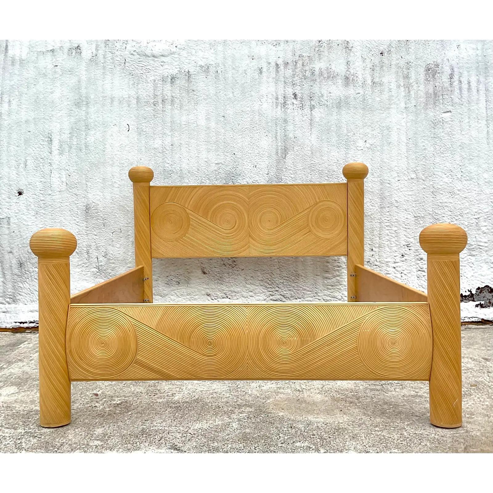 Late 20th Century Vintage Coastal Swirl Pencil Reed Queen Bed Frame 1