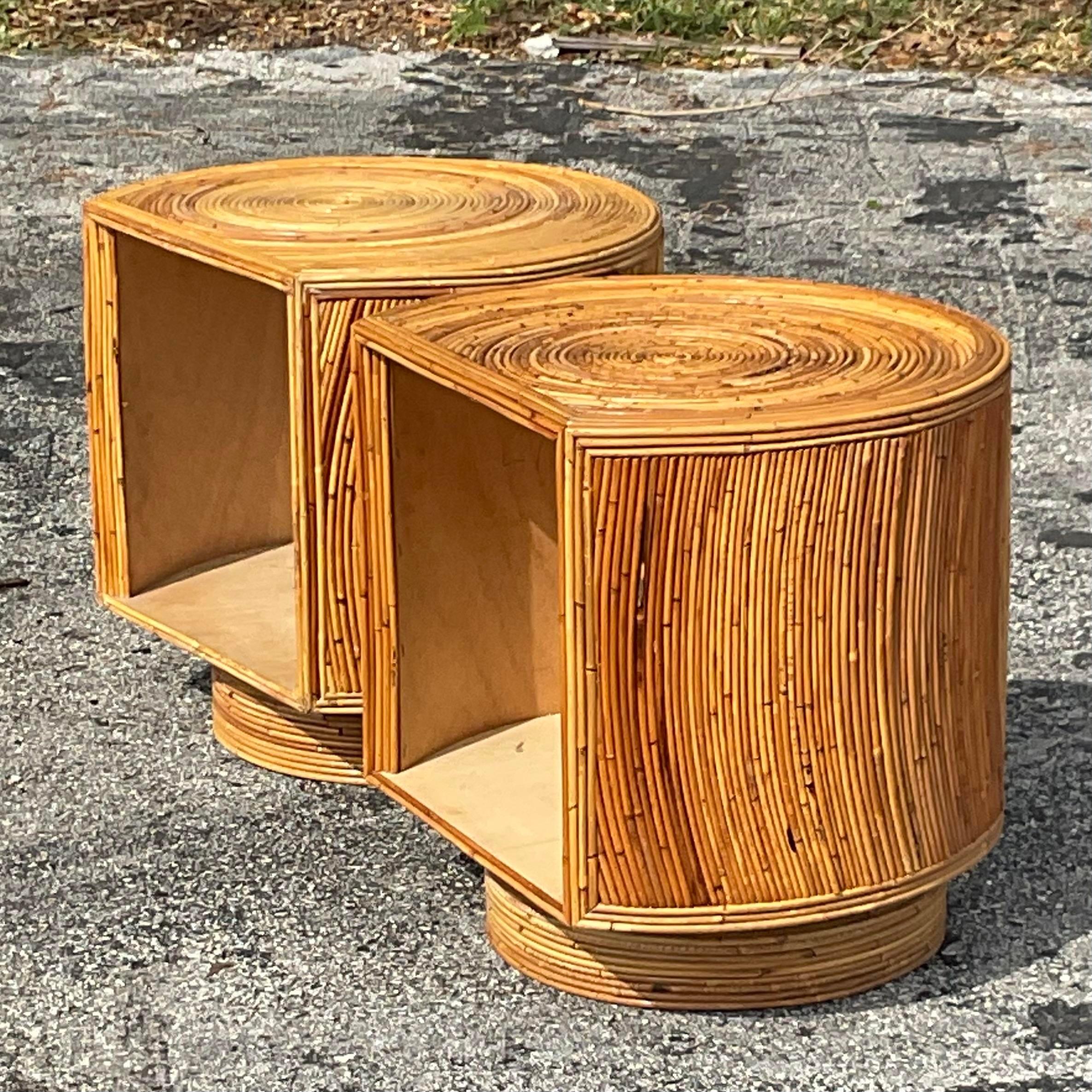 Philippine Late 20th Century Vintage Coastal Swivel Pencil Reed Nightstands - a Pair For Sale