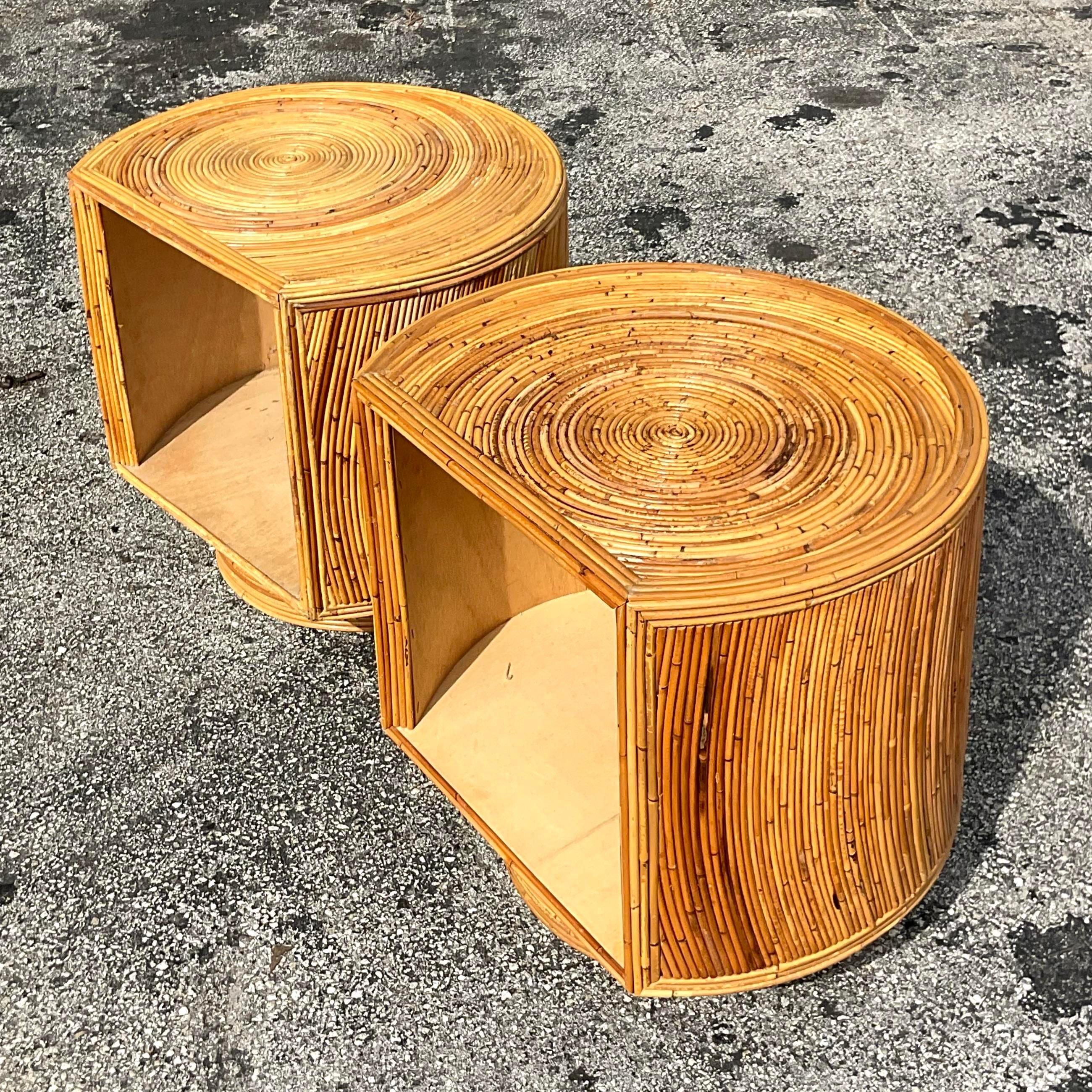 Late 20th Century Vintage Coastal Swivel Pencil Reed Nightstands - a Pair In Good Condition For Sale In west palm beach, FL