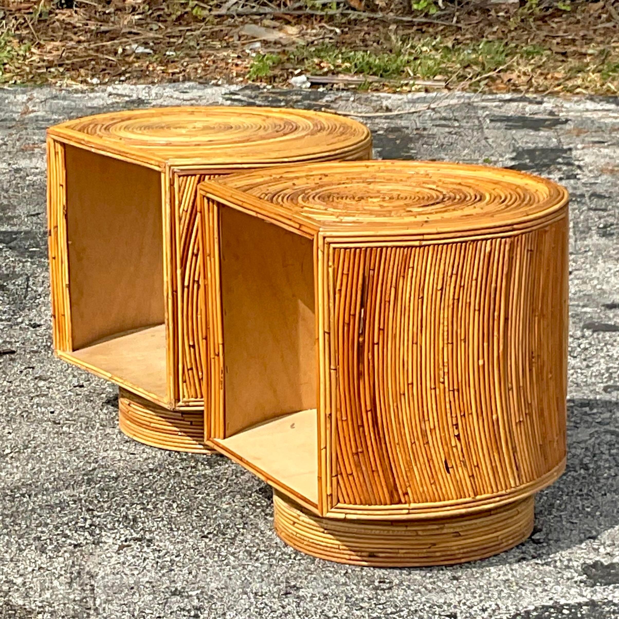 Metal Late 20th Century Vintage Coastal Swivel Pencil Reed Nightstands - a Pair For Sale