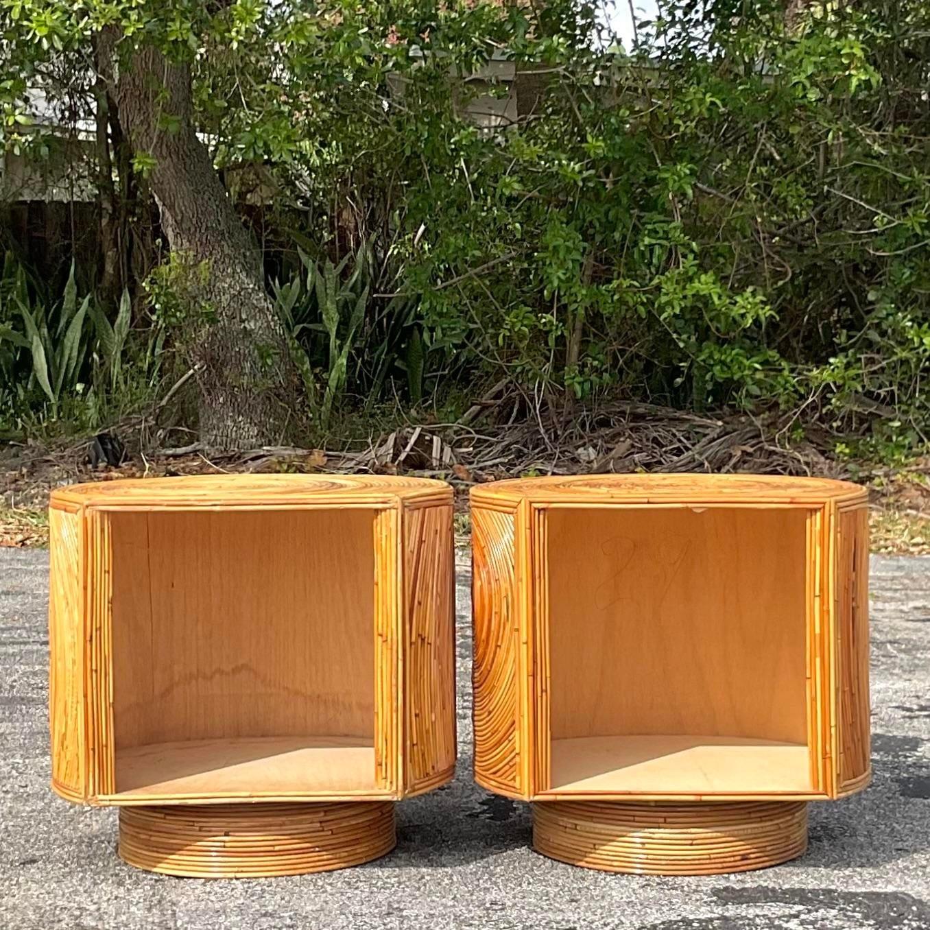Late 20th Century Vintage Coastal Swivel Pencil Reed Nightstands - a Pair For Sale 3