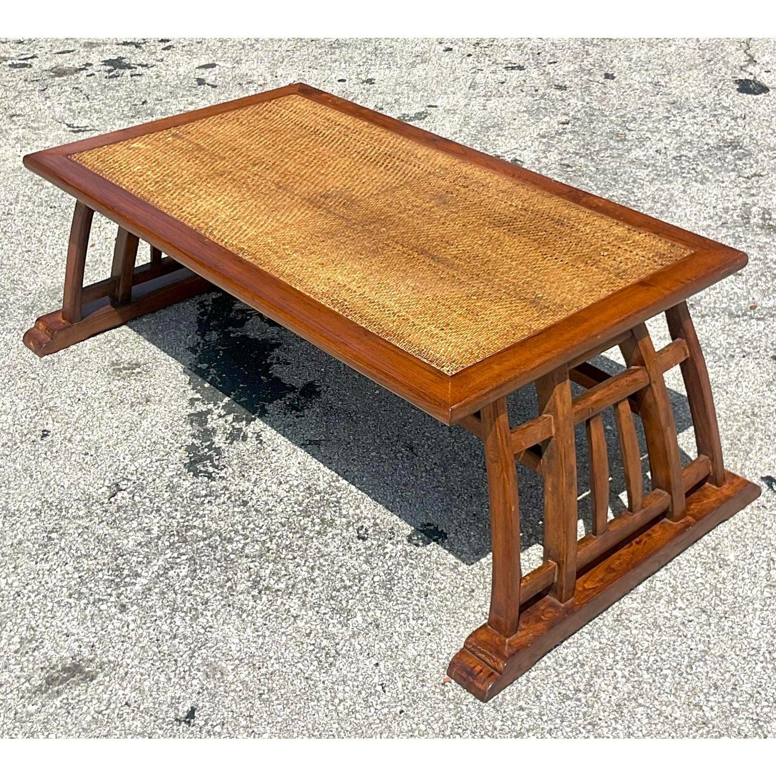 North American Late 20th Century Vintage Coastal Teak Coffee Table With Woven Rattan Panel For Sale