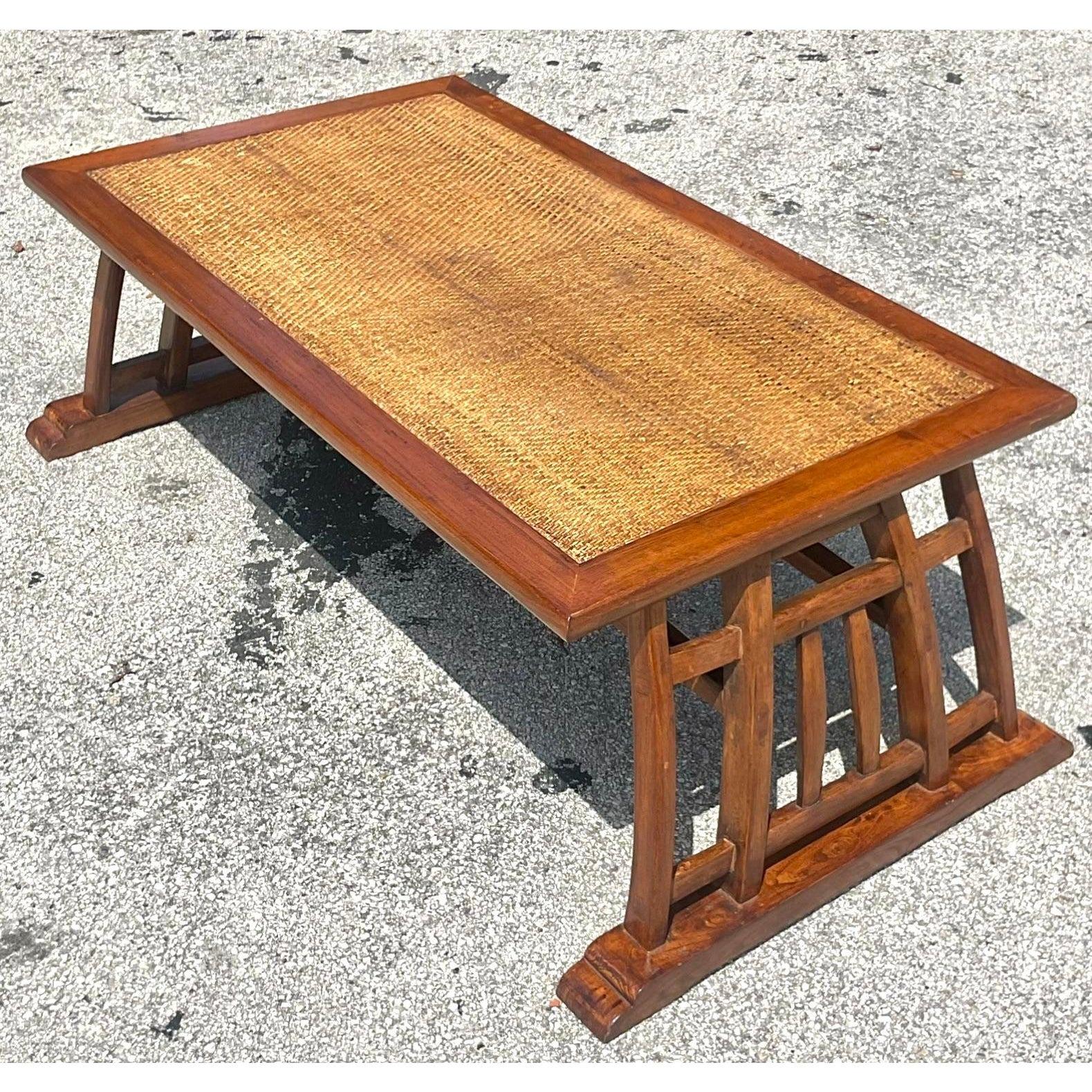 Late 20th Century Vintage Coastal Teak Coffee Table With Woven Rattan Panel In Good Condition For Sale In west palm beach, FL