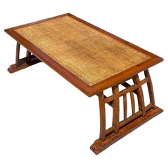 Late 20th Century Vintage Coastal Teak Coffee Table With Woven Rattan Panel