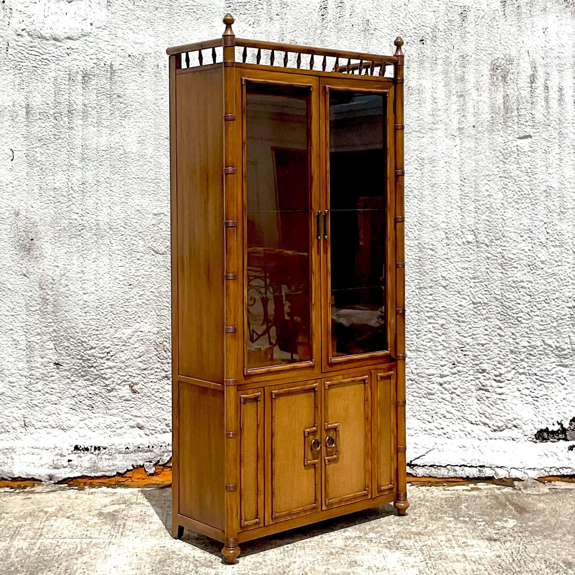 American Late 20th Century Vintage Coastal Thomasville Carved Bamboo Display Cabinet