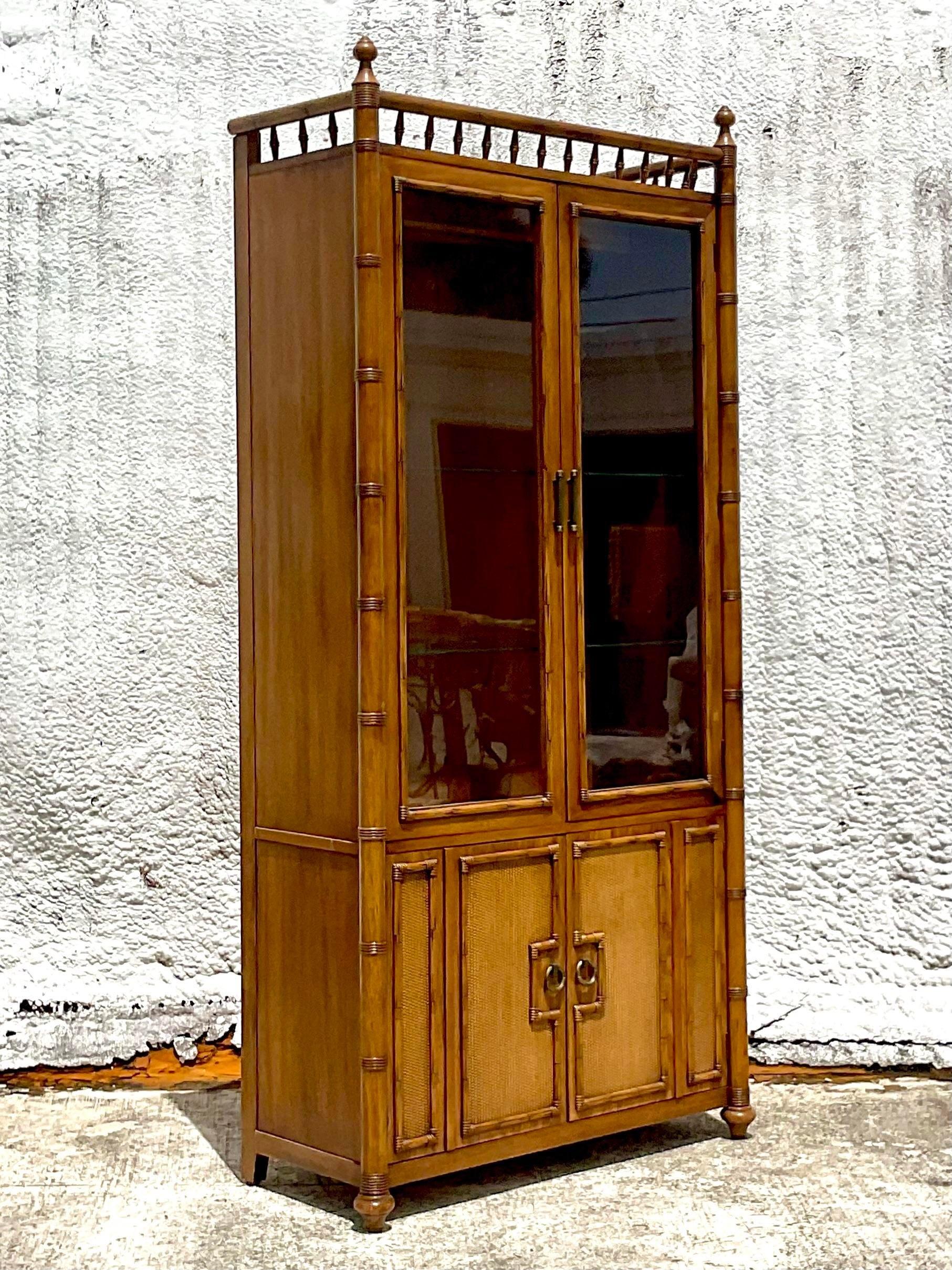 Late 20th Century Vintage Coastal Thomasville Carved Bamboo Display Cabinet 1