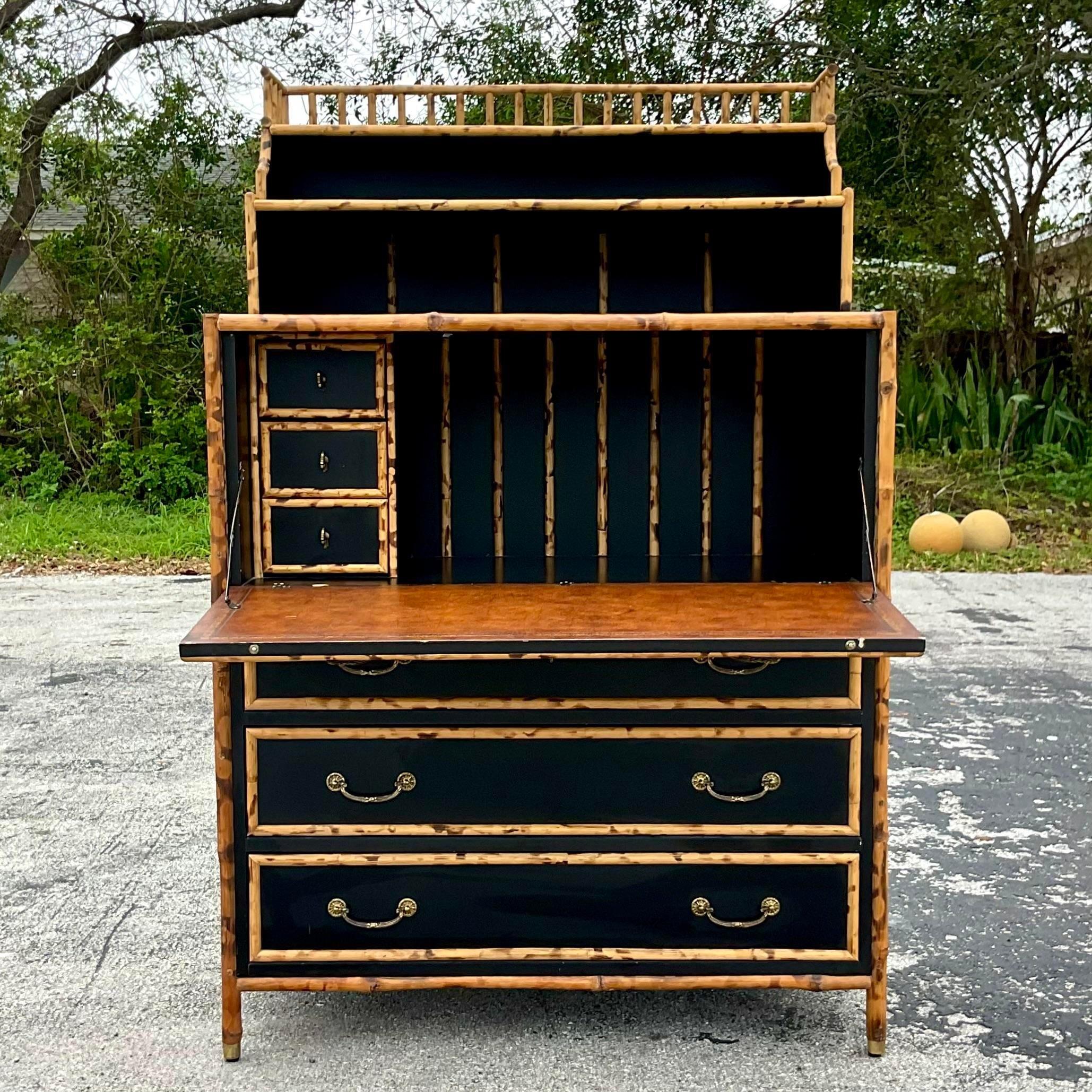 Late 20th Century Vintage Coastal Tortoise Shell Bamboo Secretary Desk In Good Condition In west palm beach, FL