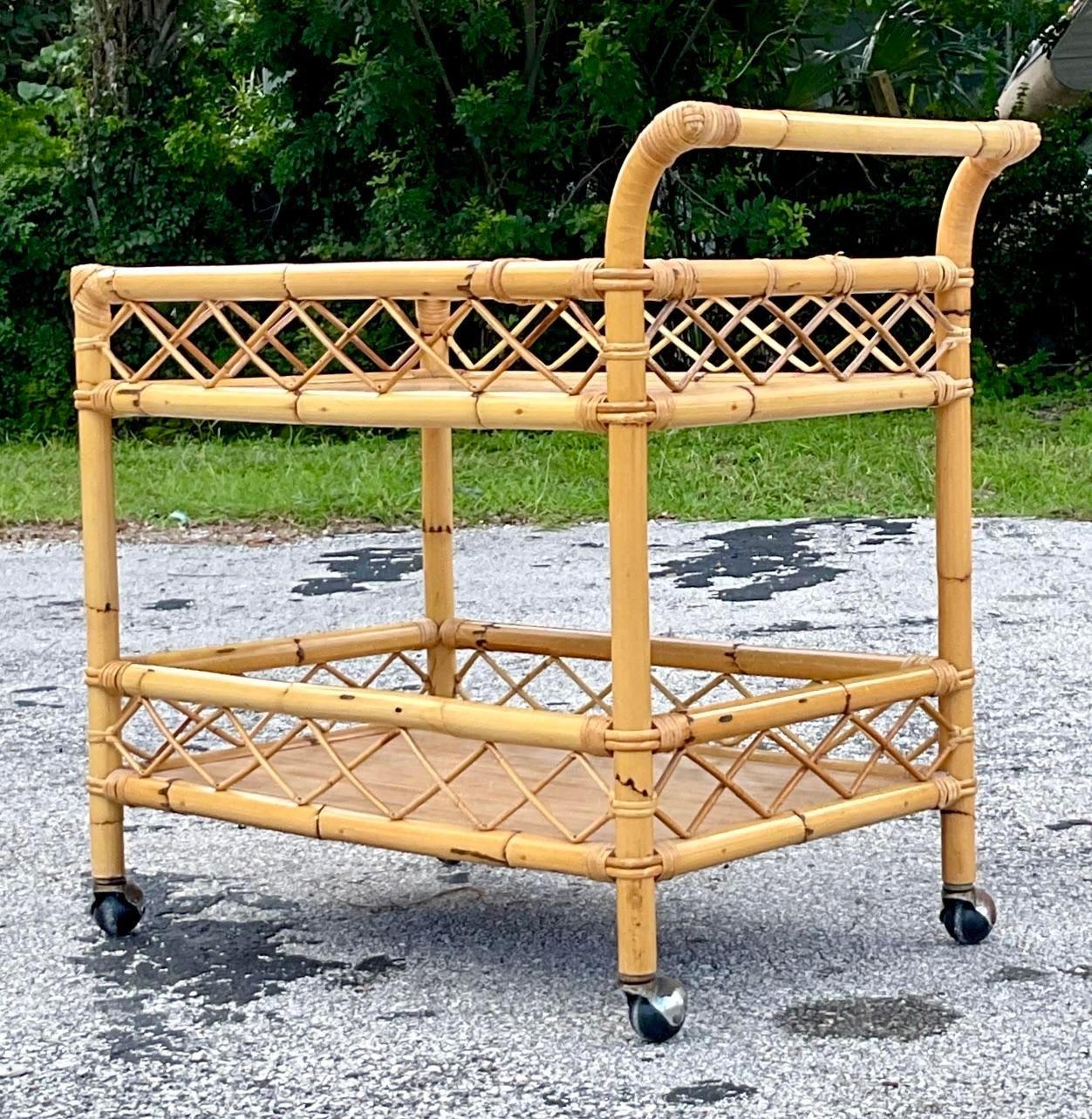 Late 20th Century Vintage Coastal Trellis Rattan Bar Cart In Good Condition For Sale In west palm beach, FL