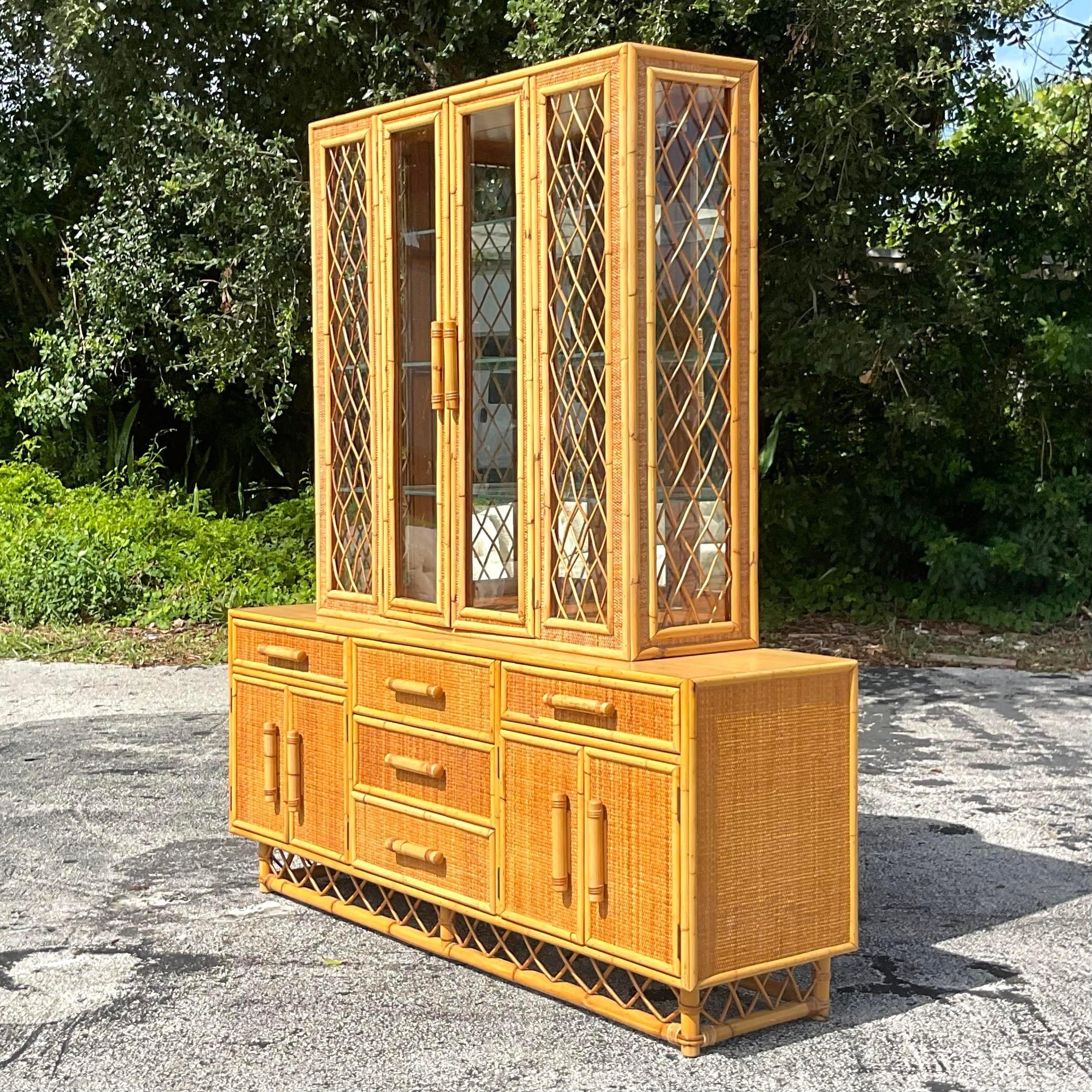 Philippine Late 20th Century Vintage Coastal Trellis Rattan China Cabinet For Sale