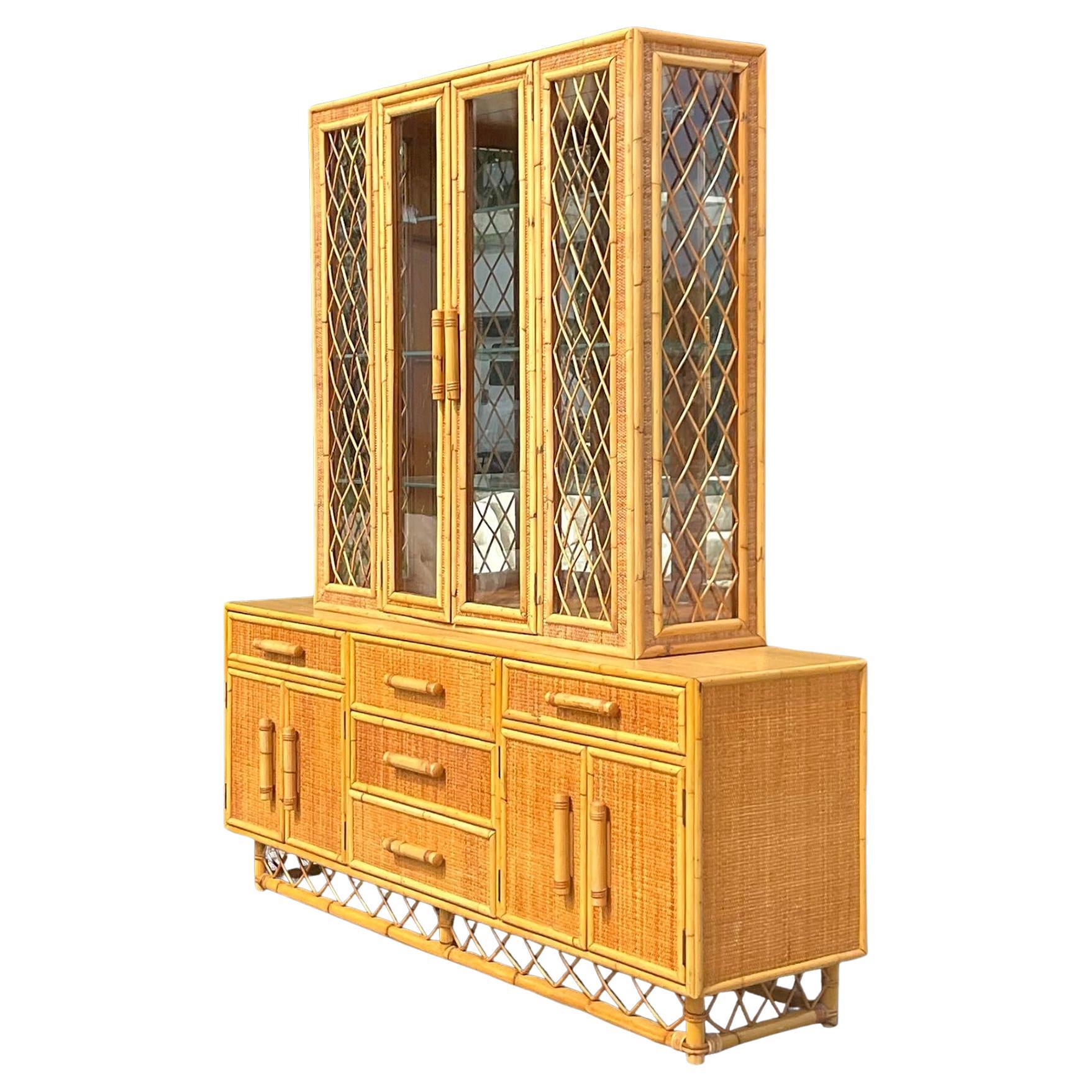 Late 20th Century Vintage Coastal Trellis Rattan China Cabinet For Sale