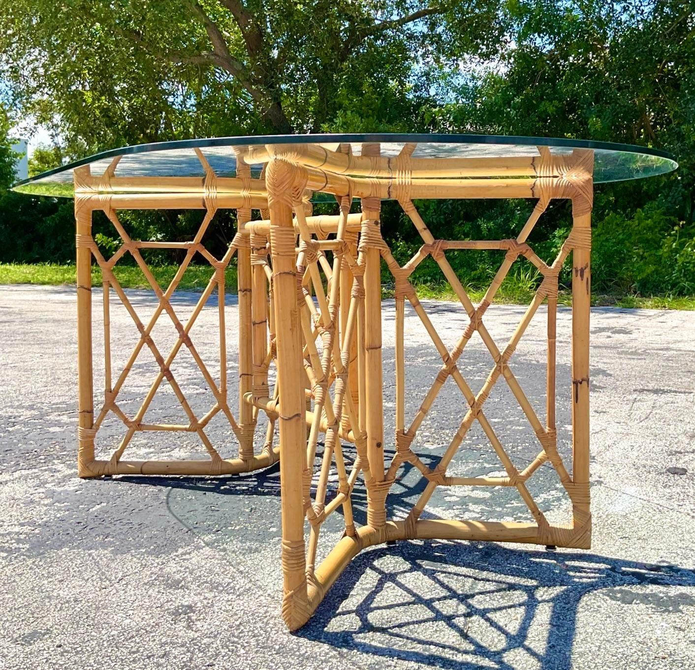  Late 20th Century Vintage Coastal Trellis Rattan Dining Table In Good Condition In west palm beach, FL