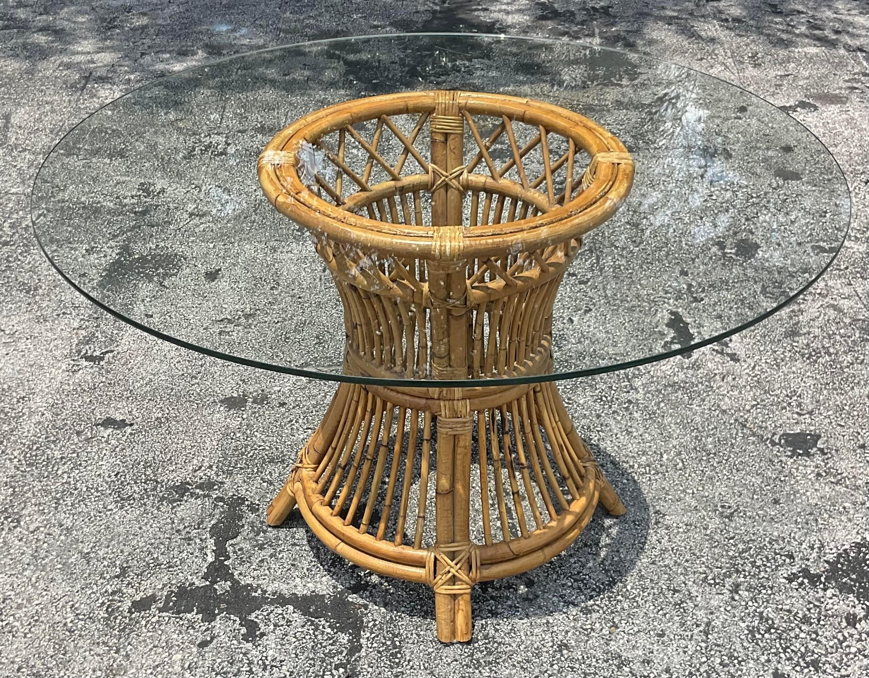 Late 20th Century Vintage Coastal Trellis Rattan Dining Table In Good Condition For Sale In west palm beach, FL