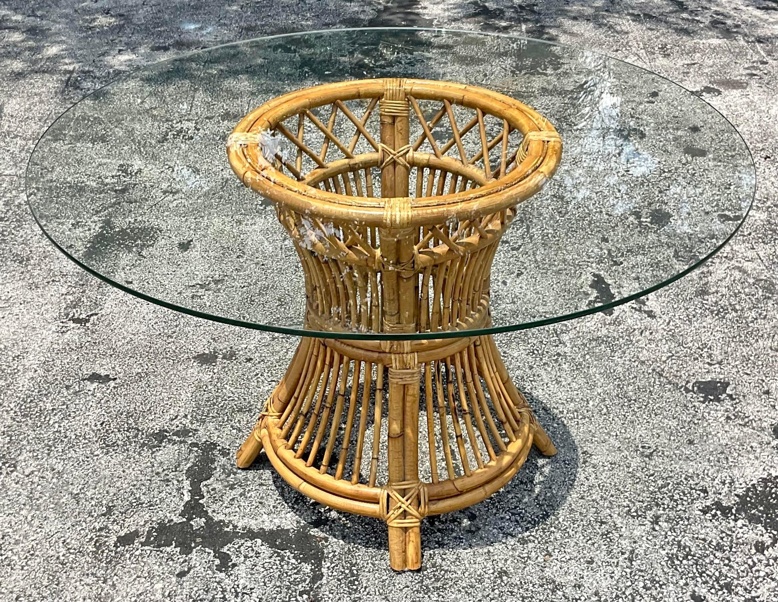 Late 20th Century Vintage Coastal Trellis Rattan Dining Table For Sale 1