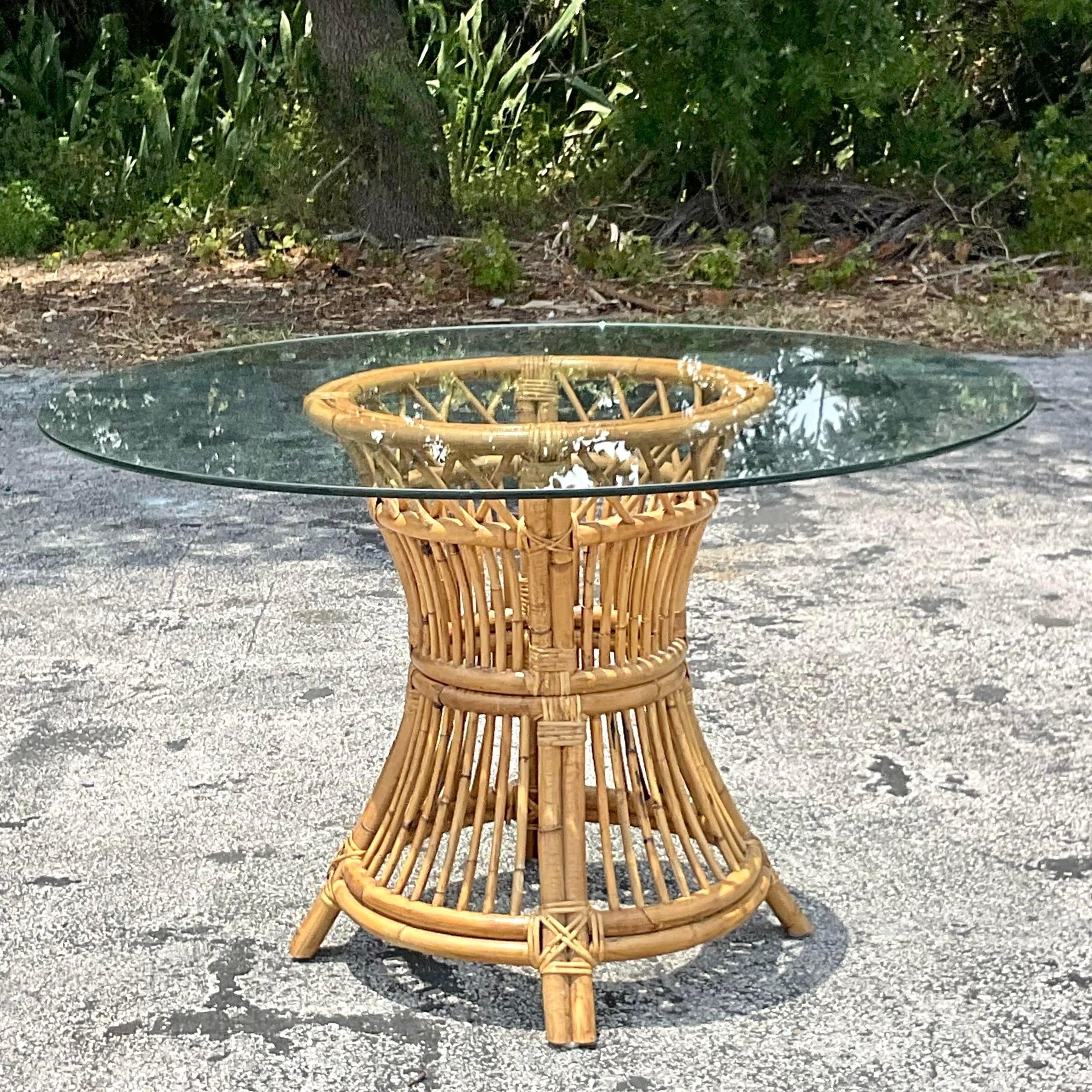 Late 20th Century Vintage Coastal Trellis Rattan Dining Table For Sale 2