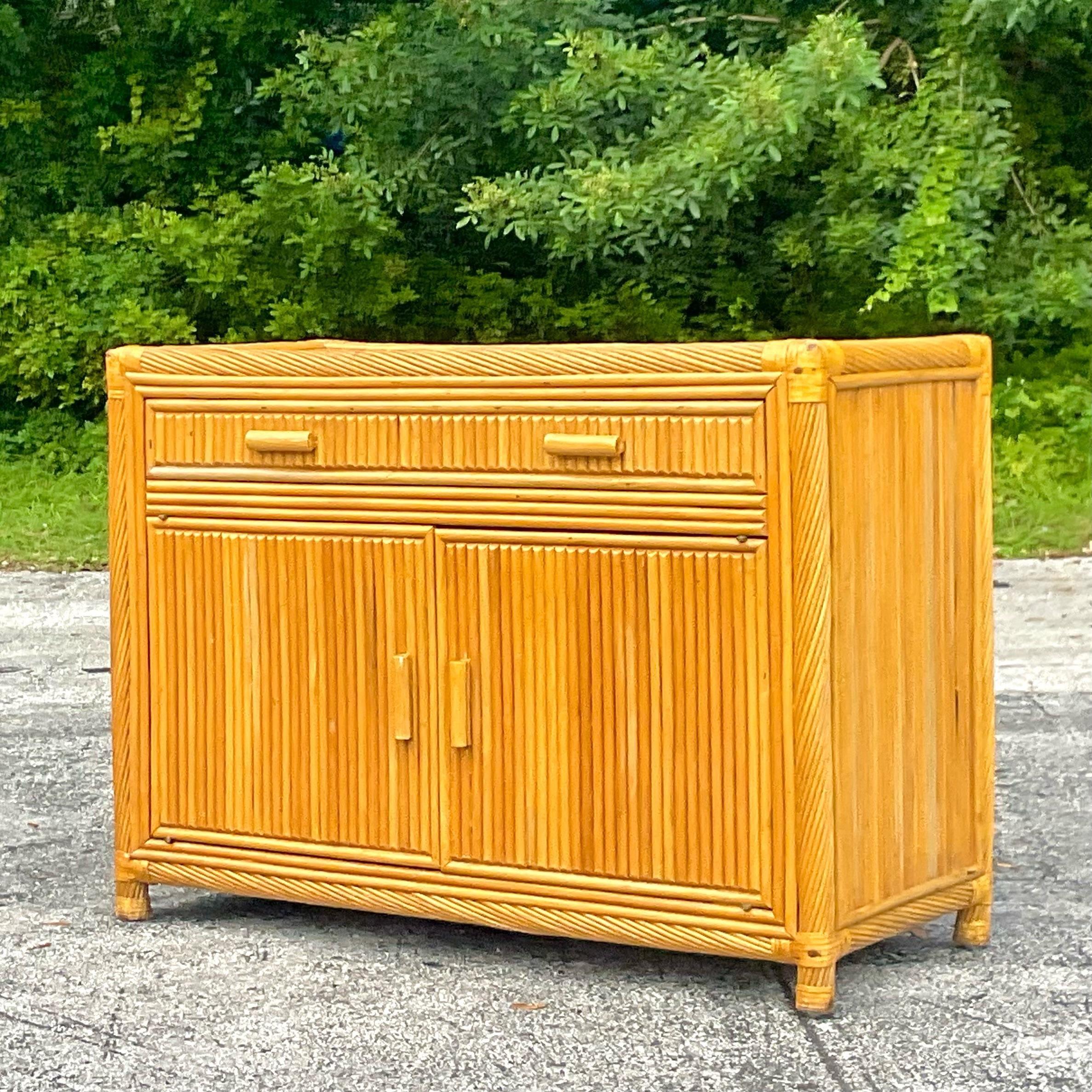 Hollywood Regency Late 20th Century Vintage Coastal Twisted Pencil Reed Credenza For Sale