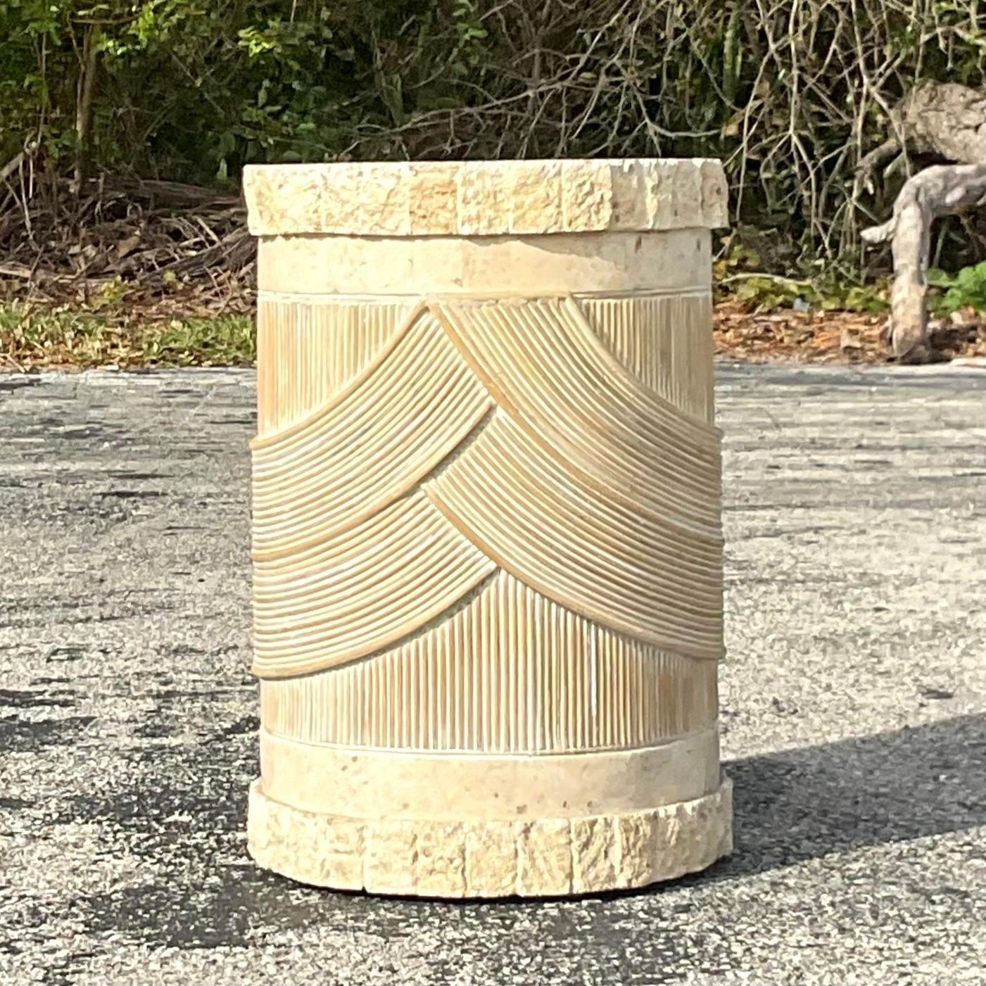 Late 20th Century Vintage Coastal Washed Pencil Reed and Stone Pedestal In Good Condition For Sale In west palm beach, FL