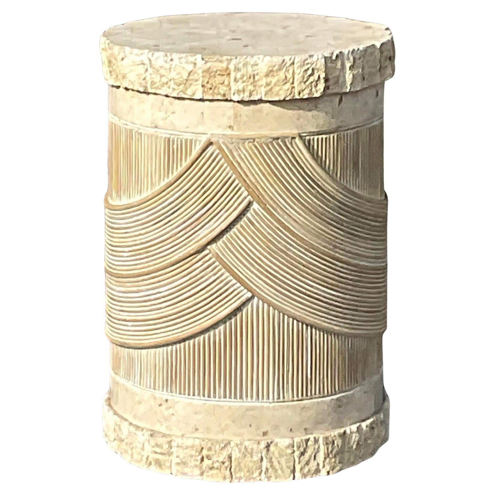 Late 20th Century Vintage Coastal Washed Pencil Reed and Stone Pedestal For Sale