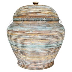 Late 20th Century Vintage Coastal Washed Pencil Reed Lidded Basket