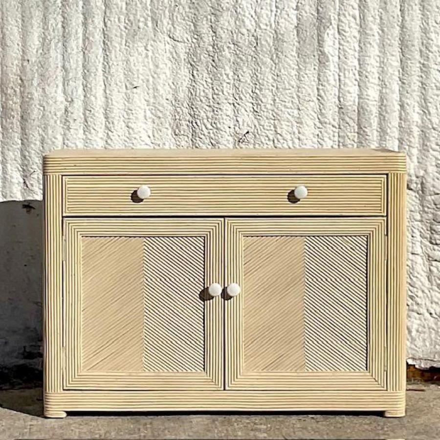 Rattan Late 20th Century Vintage Coastal Washed Pencil Reed Sideboard For Sale