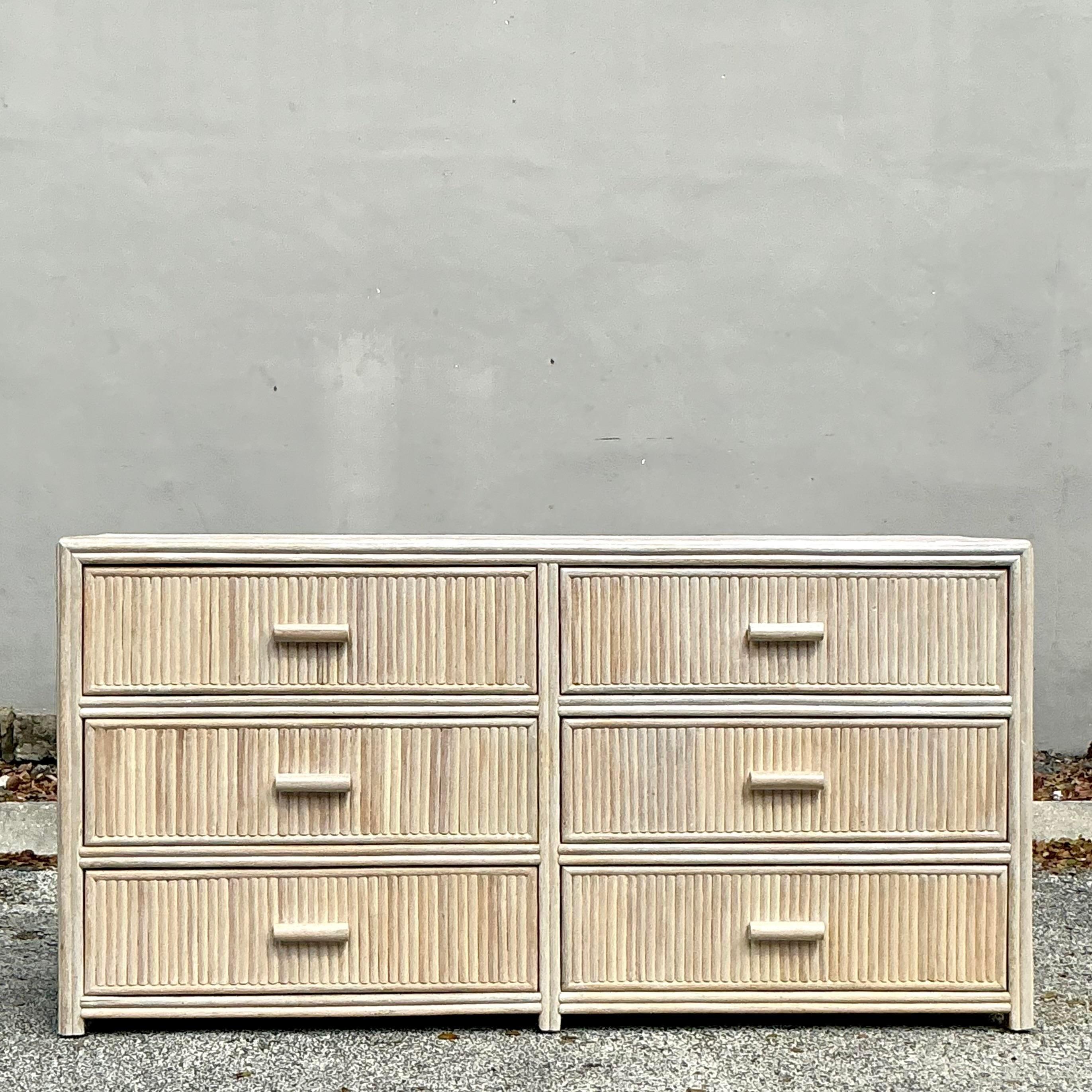 Late 20th Century Vintage Coastal Washed Pretzel Rattan Dresser For Sale 1