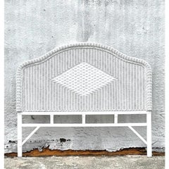 Late 20th Century Vintage Coastal White Woven Rattan Arched Queen Headboard