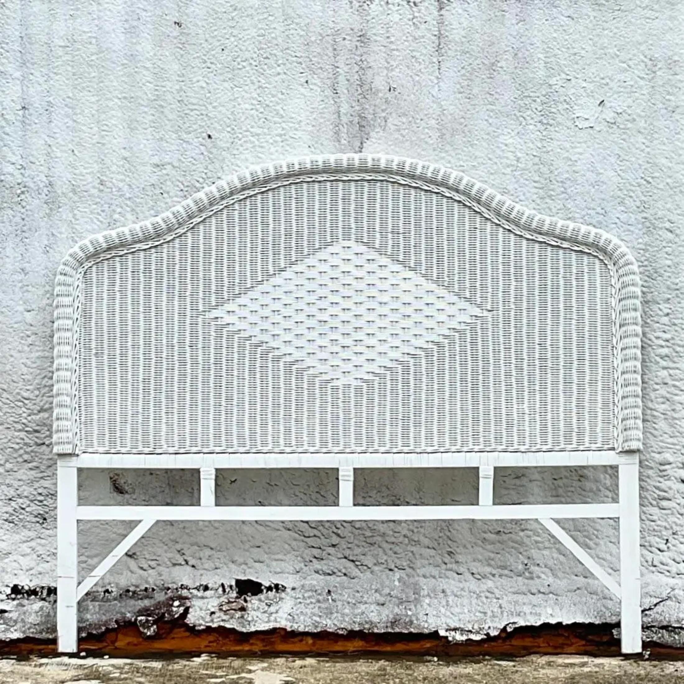 Mid-Century Modern Late 20th Century Vintage Coastal White Woven Rattan Arched Queen Headboard For Sale